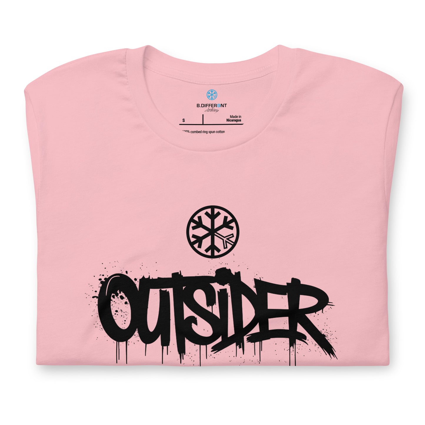 Pink-Outsider Graffiti Tag Tee from B.Different Clothing, folded, graffiti-inspired streetwear t-shirt