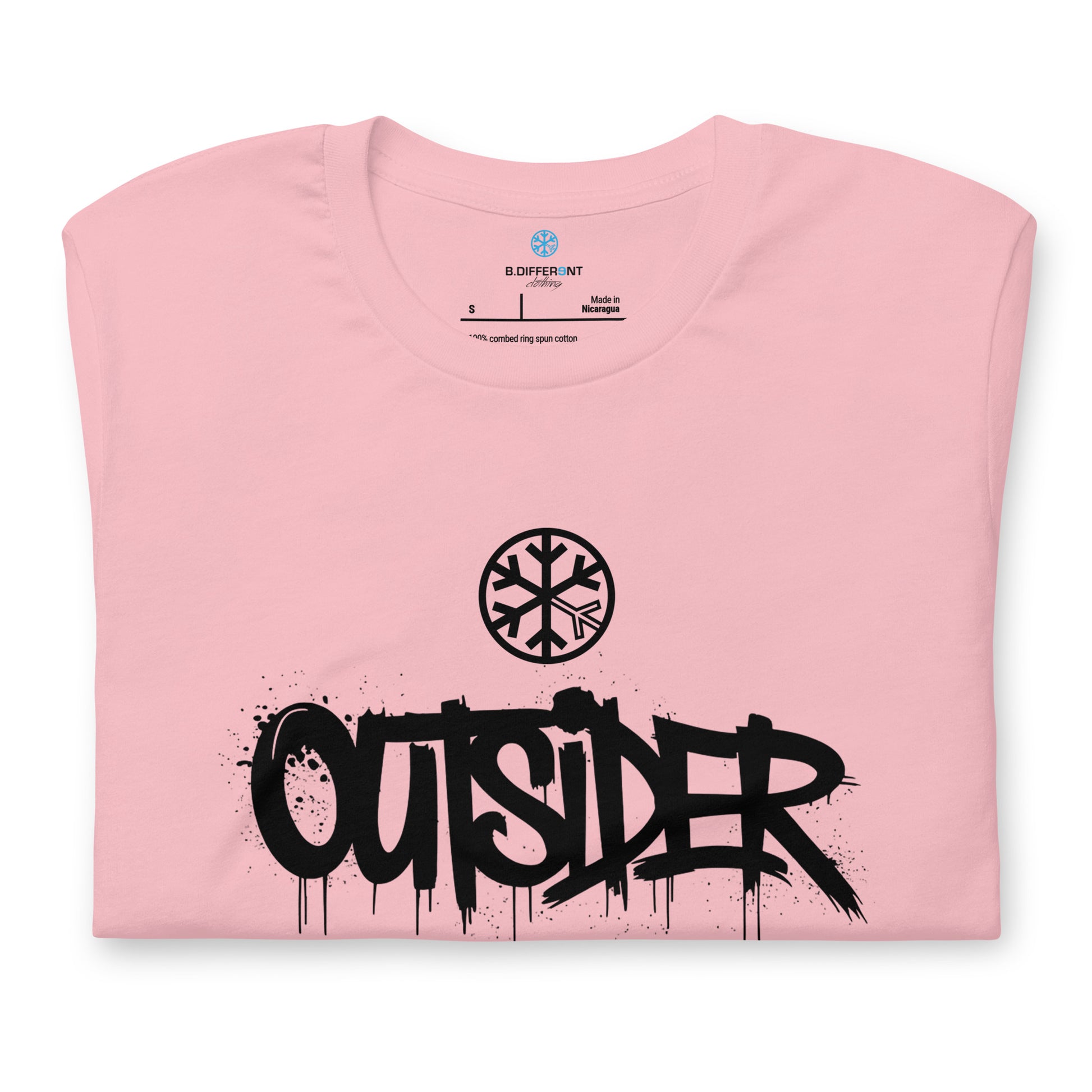 Pink-Outsider Graffiti Tag Tee from B.Different Clothing, folded, graffiti-inspired streetwear t-shirt