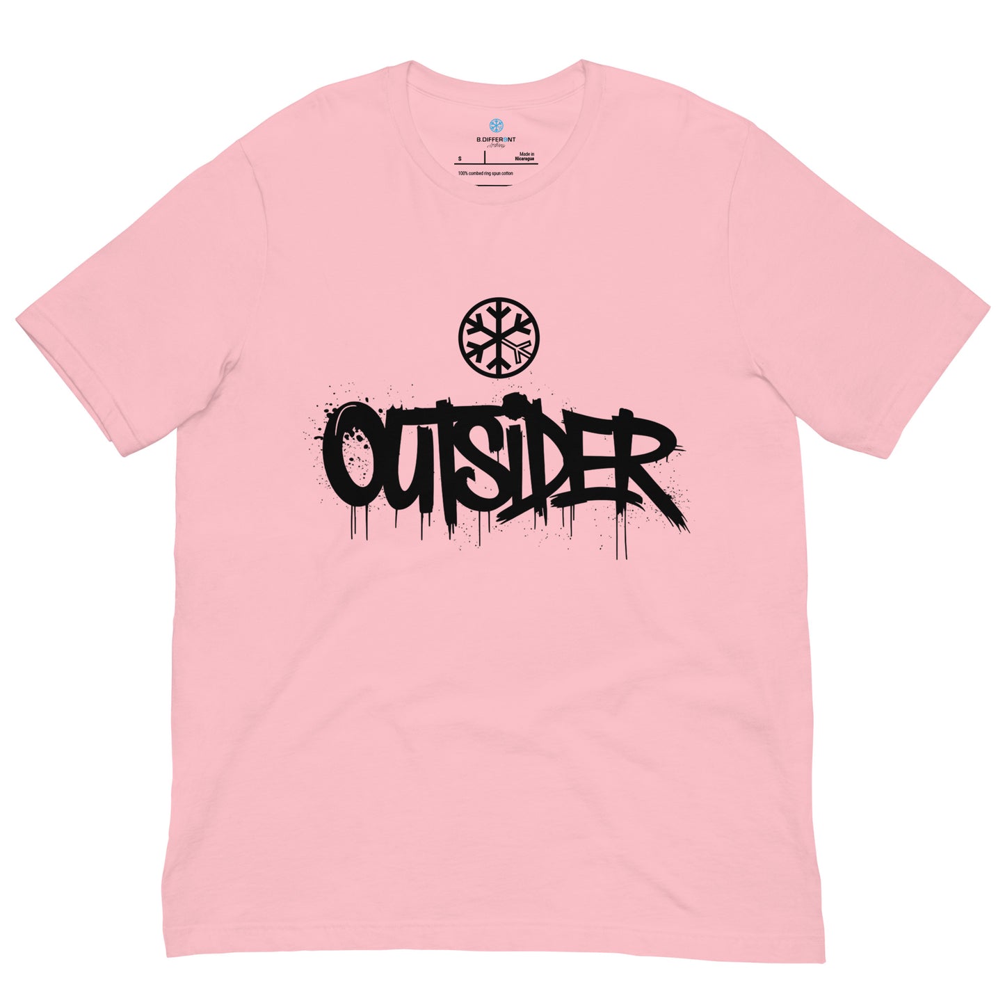 Pink-Outsider Graffiti Tag Tee from B.Different Clothing, front view, graffiti-inspired streetwear t-shirt