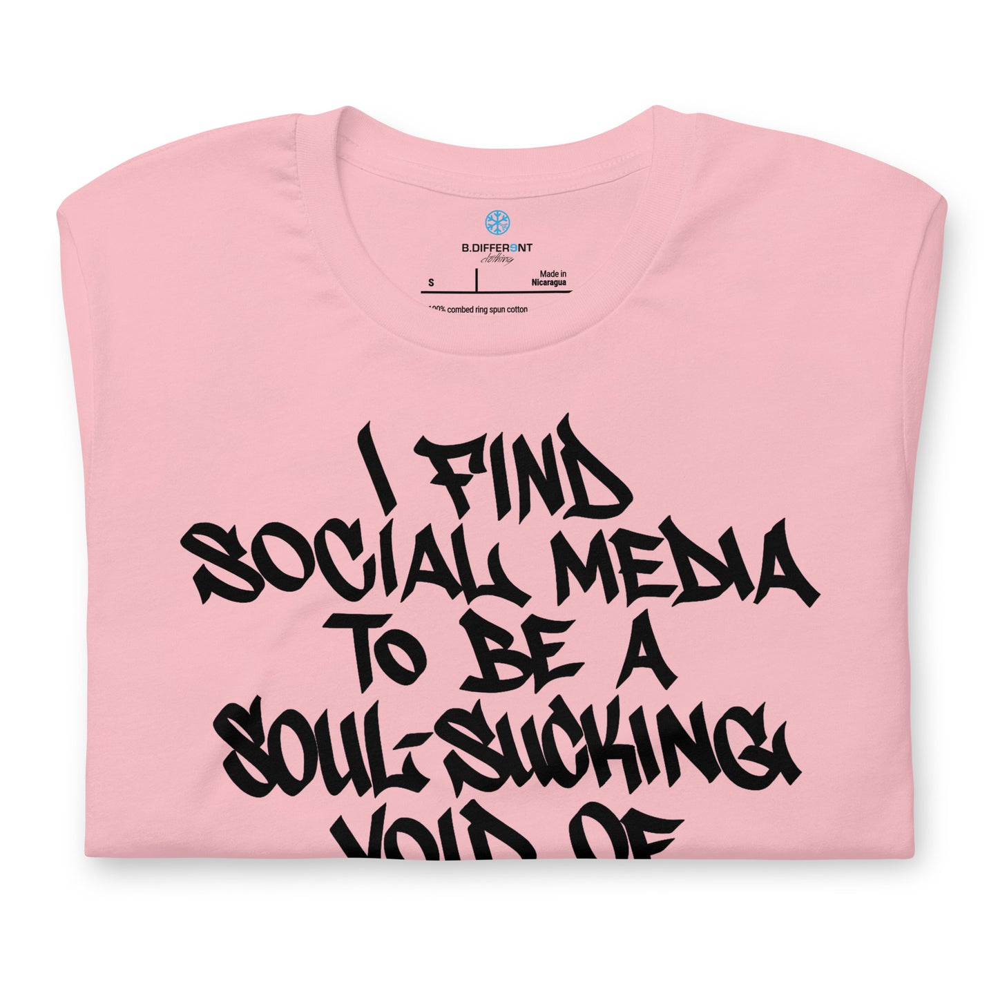 Pink-Social Media Graffiti Tag Tee from B.Different Clothing, folded, graffiti-inspired streetwear t-shirt