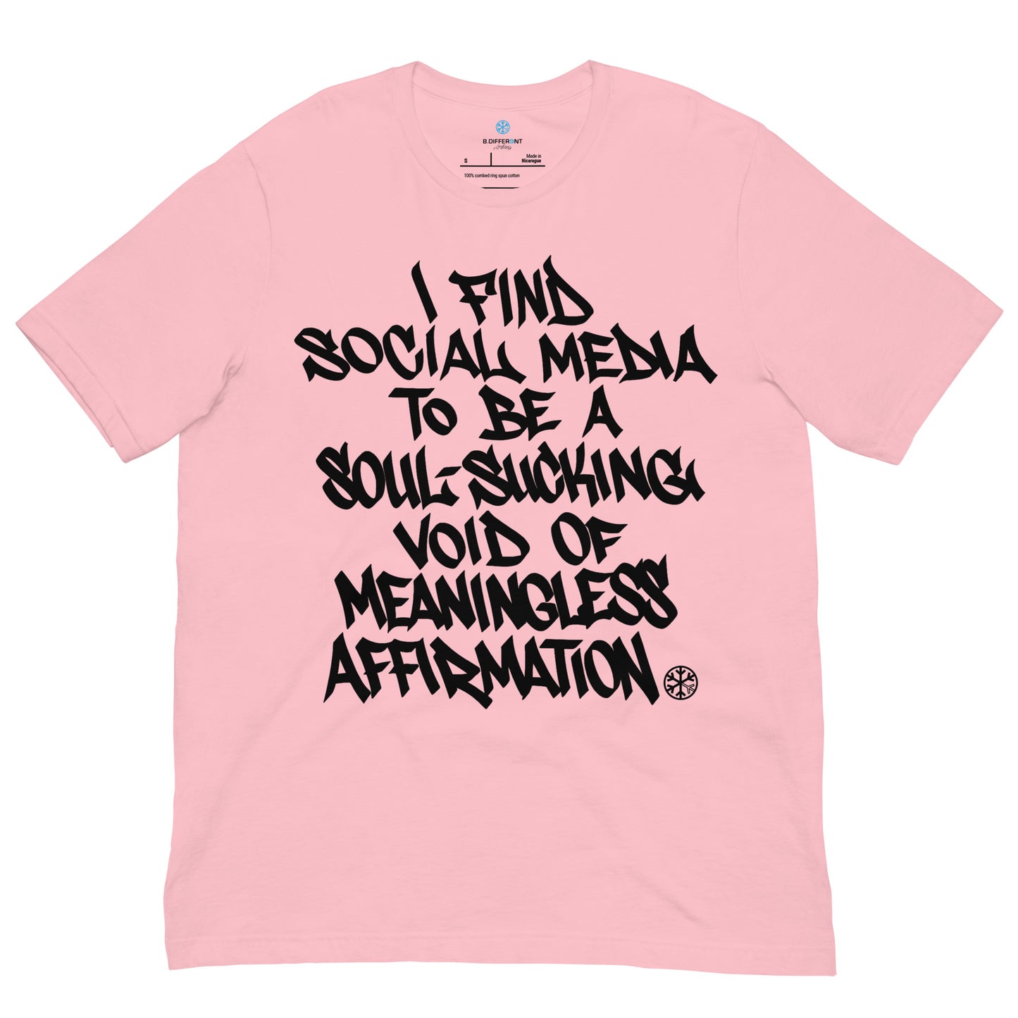Pink-Social Media Graffiti Tag Tee from B.Different Clothing, front view, graffiti-inspired streetwear t-shirt