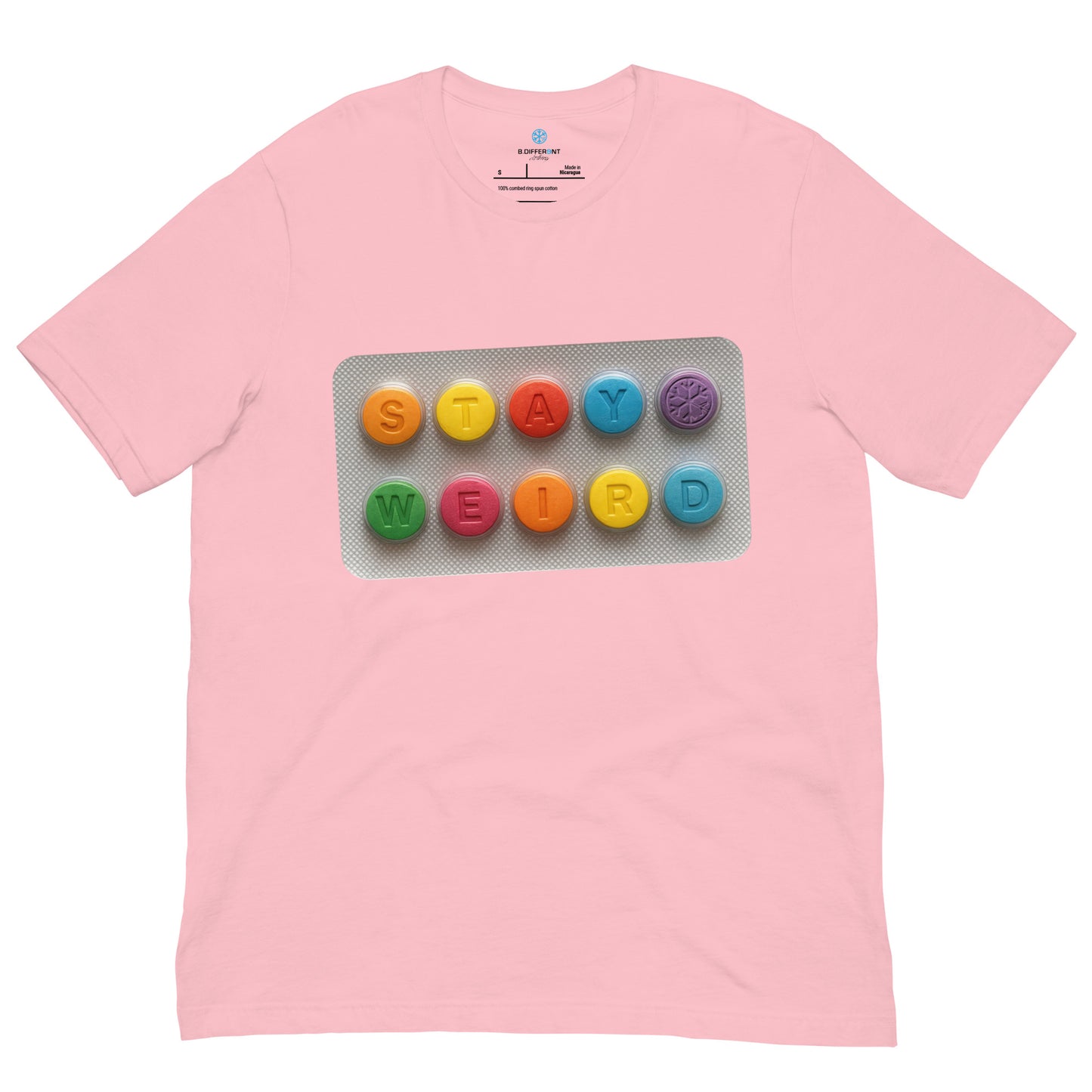 Pink-Stay Weird Pills Tee from B.Different Clothing, front view, graffiti-inspired streetwear t-shirt