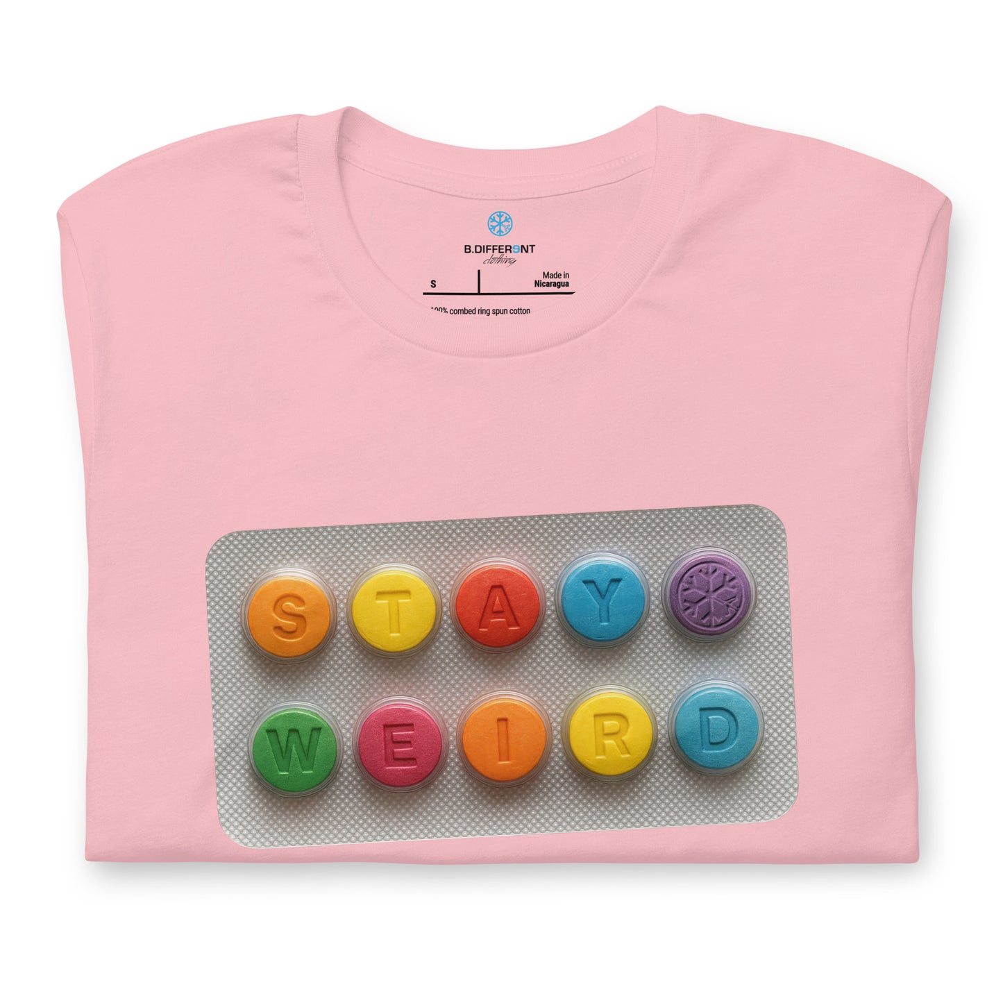 Pink-Stay Weird Pills Tee from B.Different Clothing, folded, graffiti-inspired streetwear t-shirt