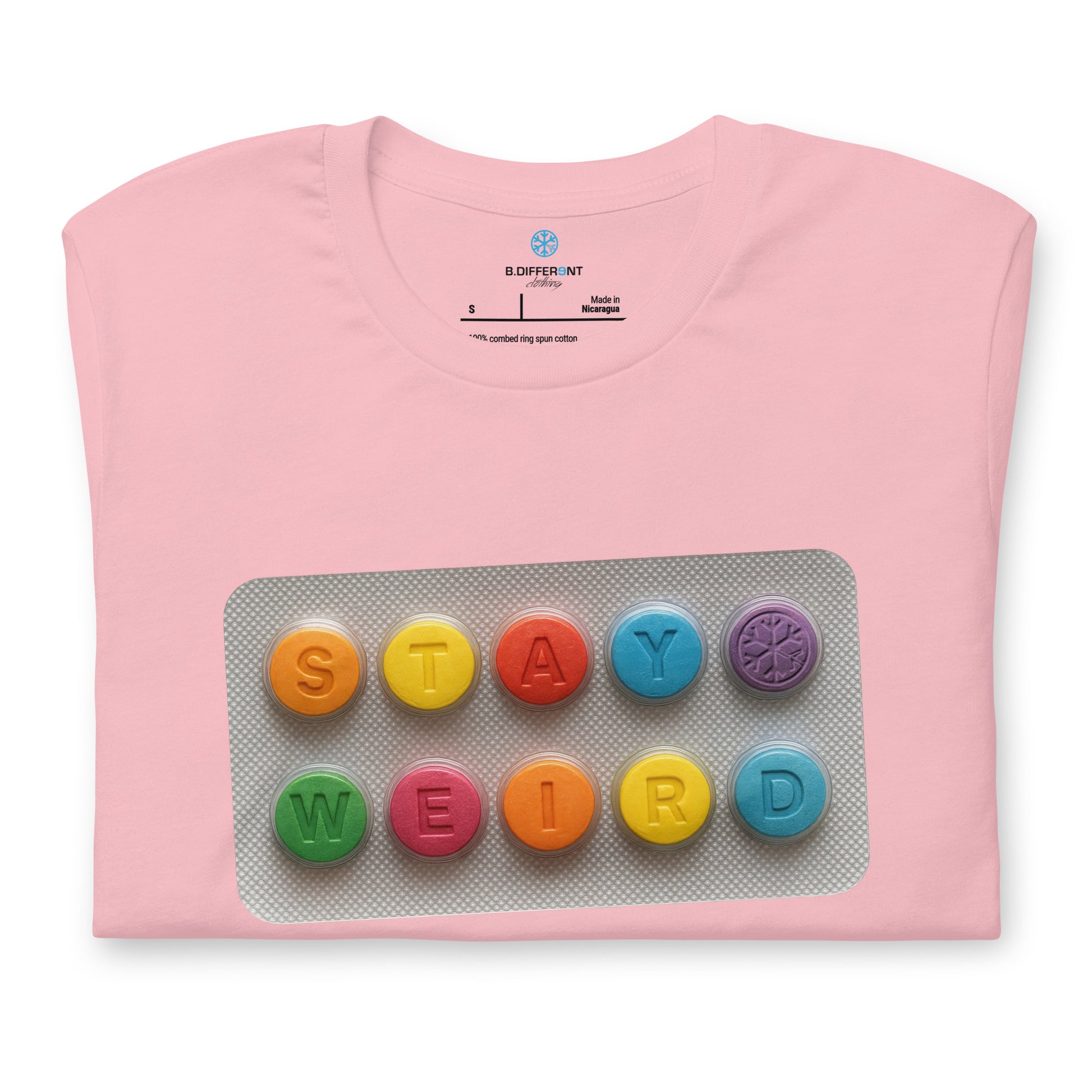 Pink-Stay Weird Pills Tee from B.Different Clothing, folded, graffiti-inspired streetwear t-shirt