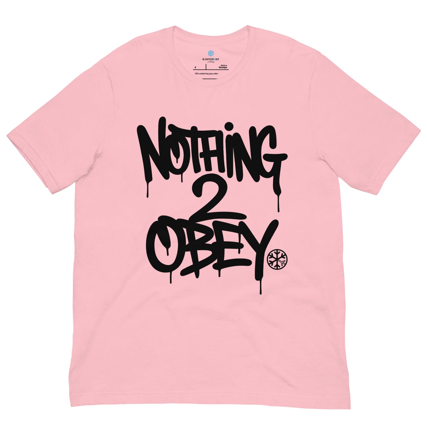 Pink-Nothing 2 Obey Graffiti Tee from B.Different Clothing, front view, graffiti-inspired streetwear t-shirt