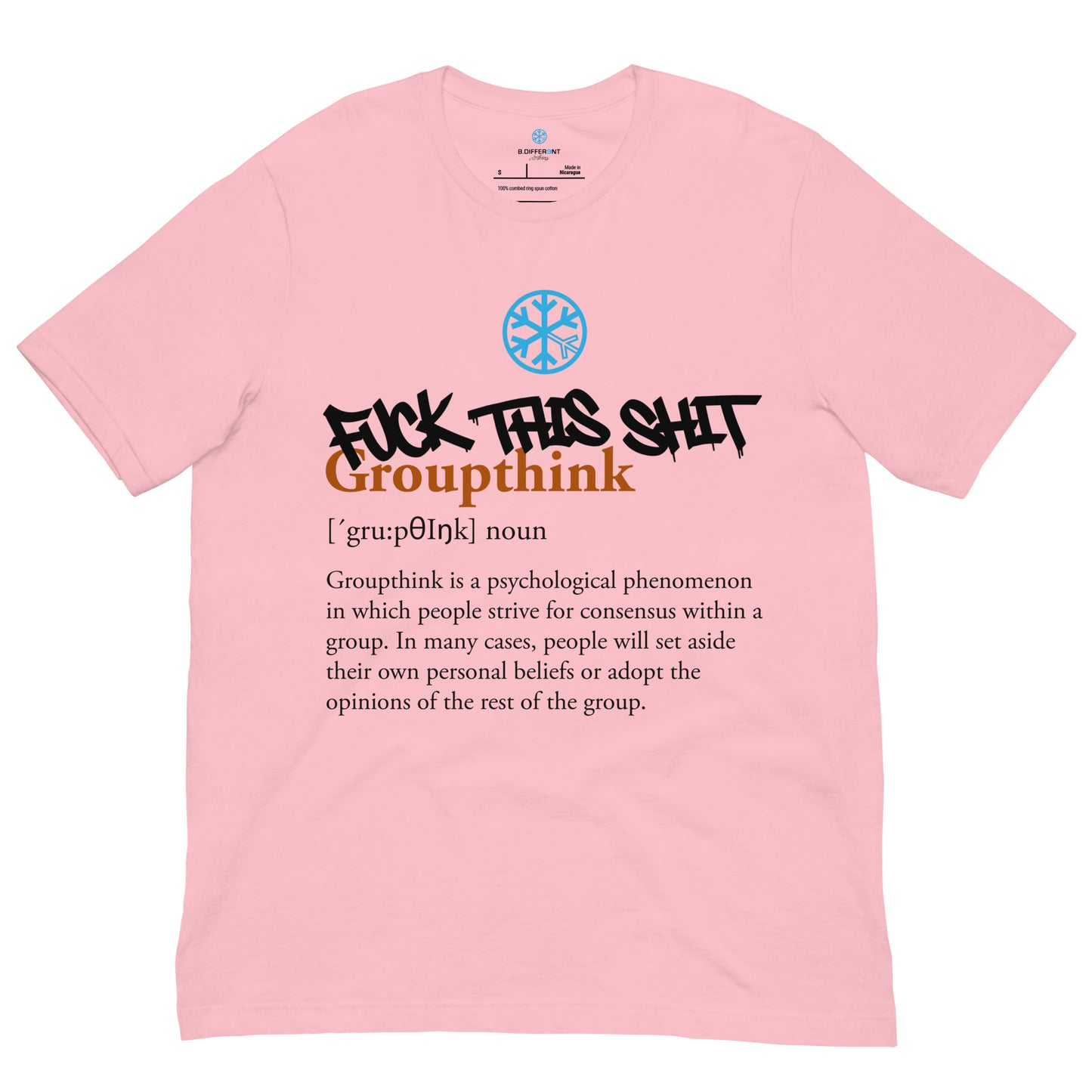 Pink-Groupthink Graffiti Tee from B.Different Clothing, front view, graffiti-inspired streetwear t-shirt