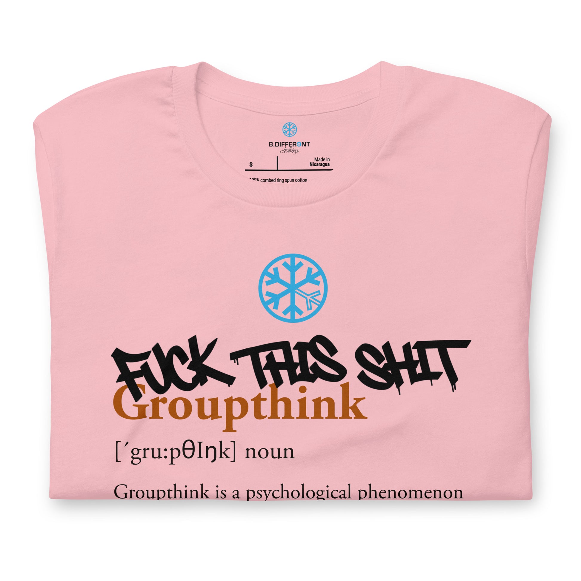 Pink-Groupthink Graffiti Tee from B.Different Clothing, folded, graffiti-inspired streetwear t-shirt