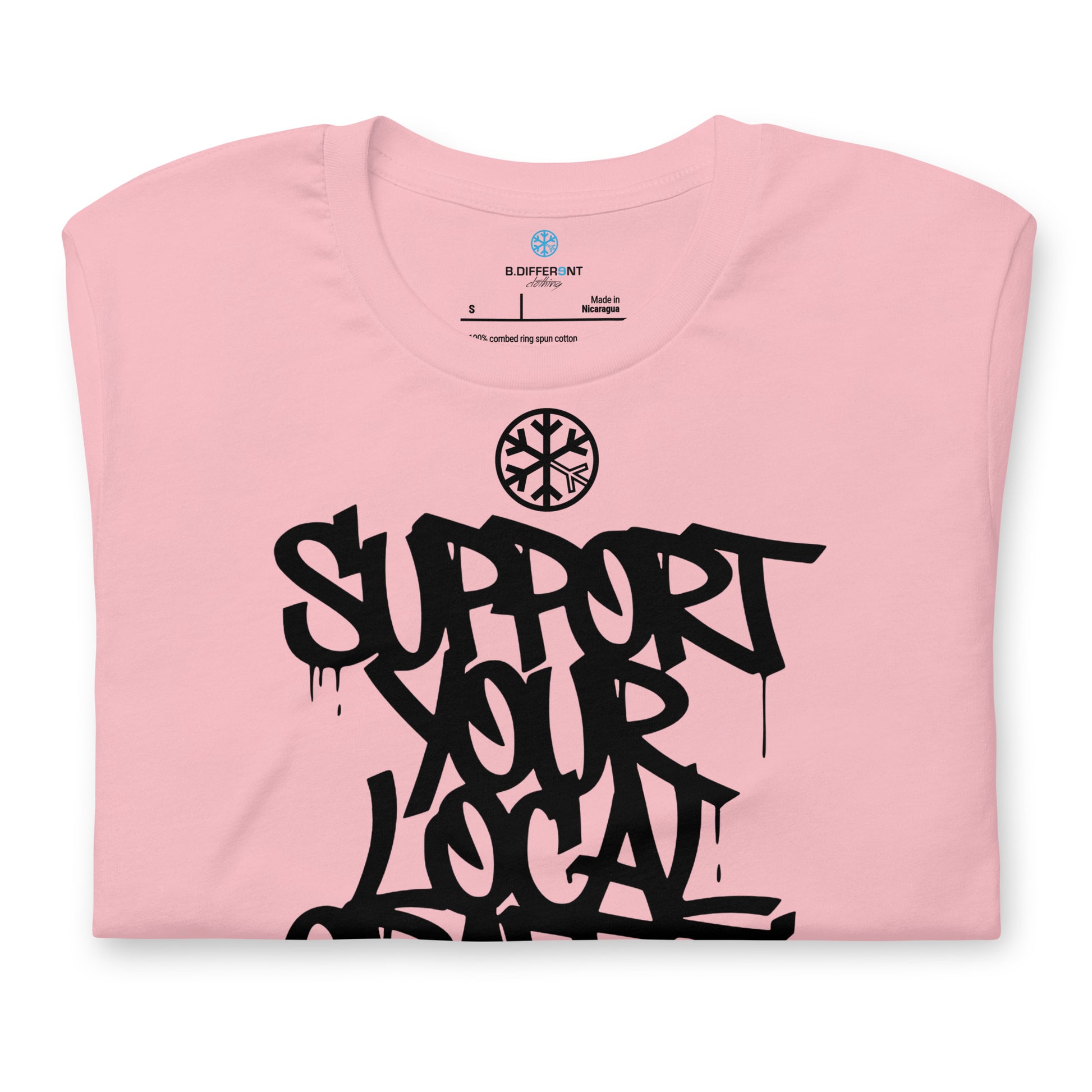 Pink-Support Your Local Graffiti Artists Tee from B.Different Clothing, folded, graffiti-inspired streetwear t-shirt
