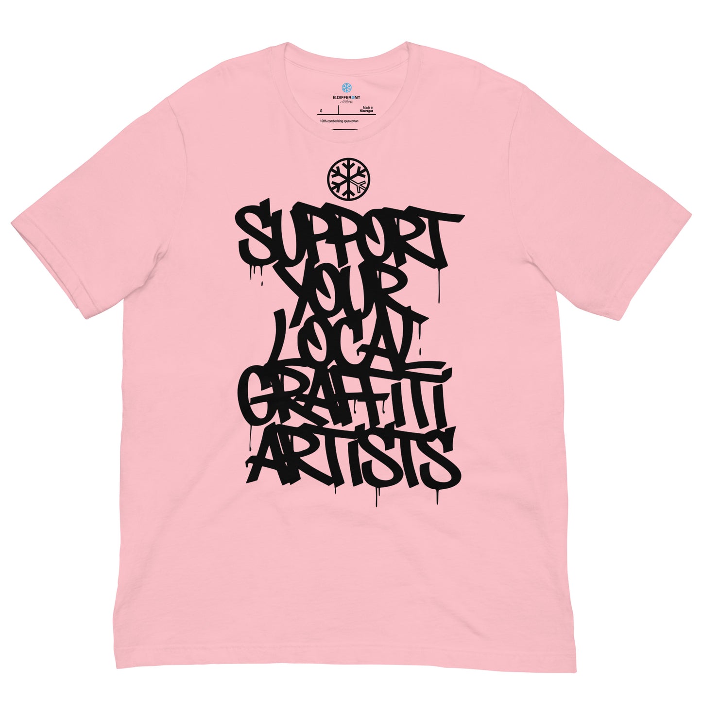 Pink-Support Your Local Graffiti Artists Tee from B.Different Clothing, front view, graffiti-inspired streetwear t-shirt