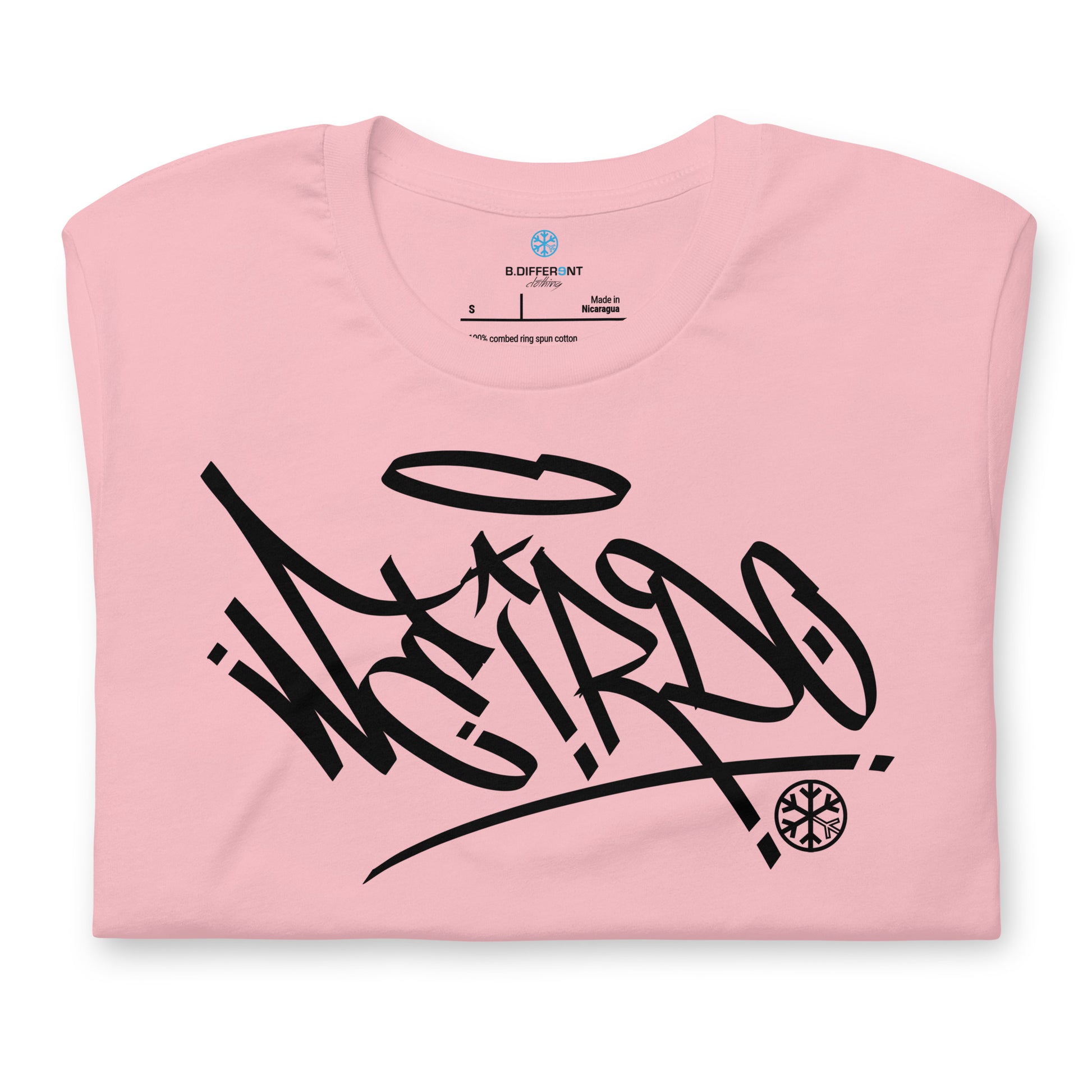 Pink-Weirdo Tag Graffiti Tee from B.Different Clothing, folded, graffiti-inspired streetwear t-shirt