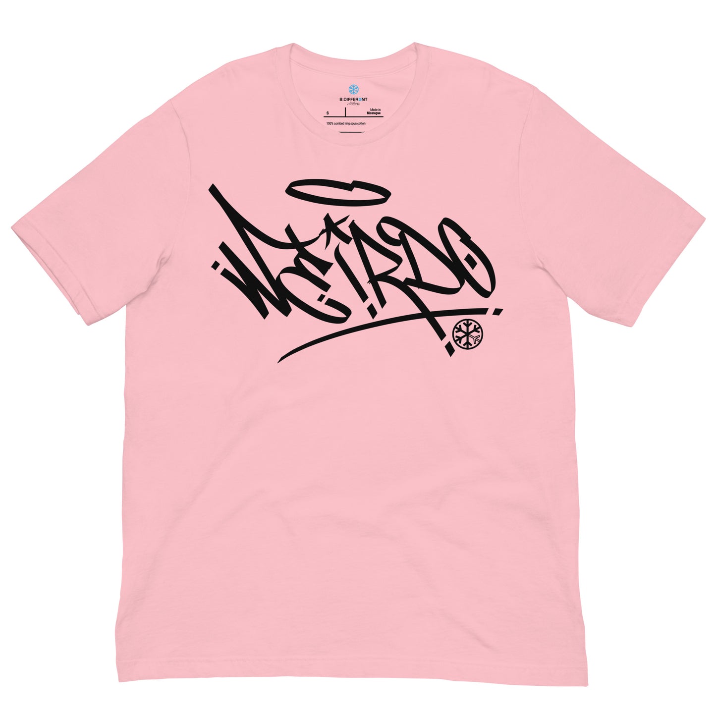 Pink-Weirdo Tag Graffiti Tee from B.Different Clothing, front view, graffiti-inspired streetwear t-shirt