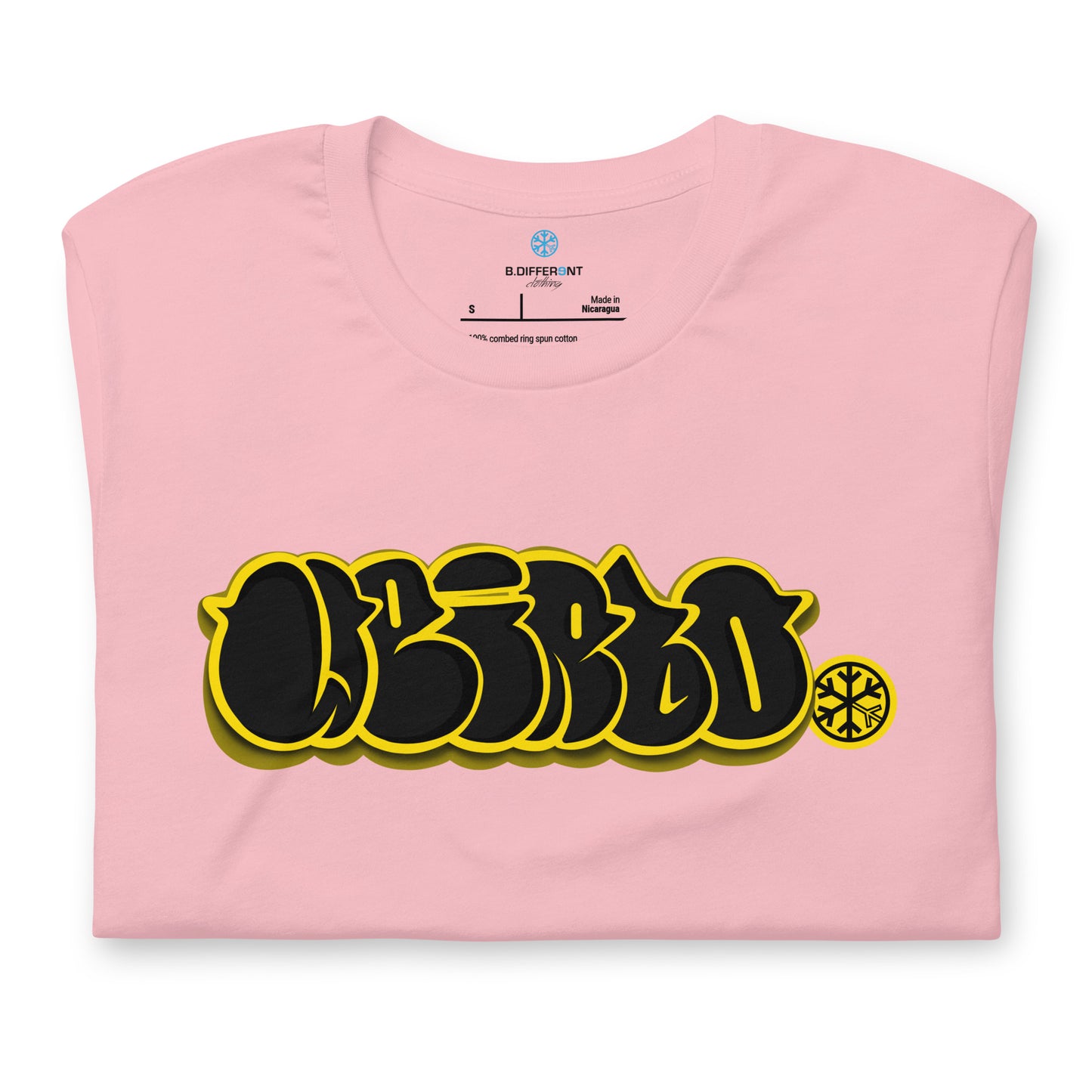 Pink-Weirdo Graffiti Throwie Tee from B.Different Clothing, folded, graffiti-inspired streetwear t-shirt