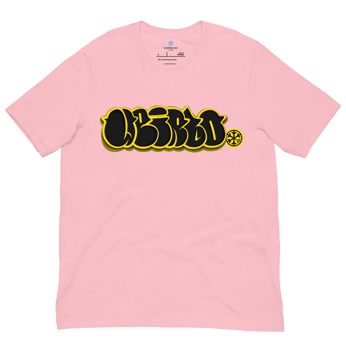 Pink-Weirdo Graffiti Throwie Tee from B.Different Clothing, front view, graffiti-inspired streetwear t-shirt