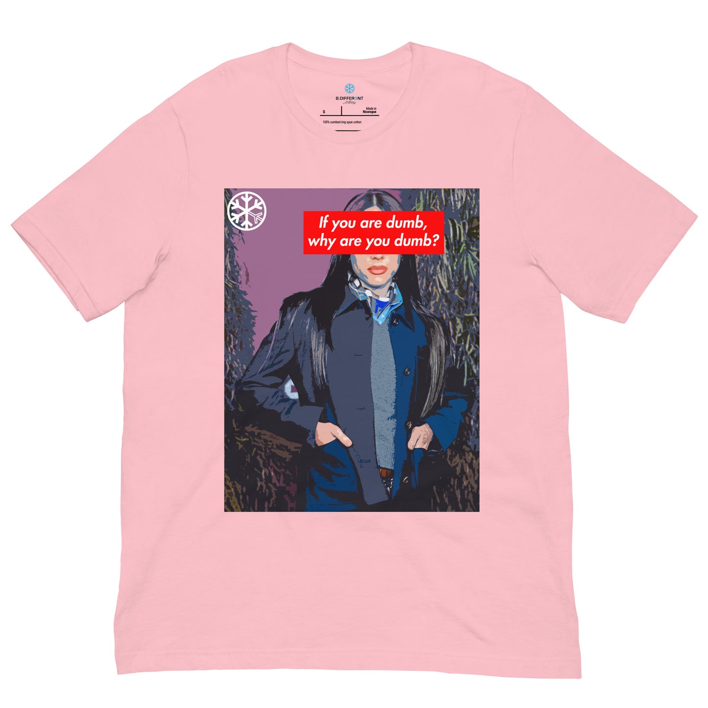 Pink-Why Are You Dumb Tee from B.Different Clothing, front view, graffiti-inspired streetwear t-shirt