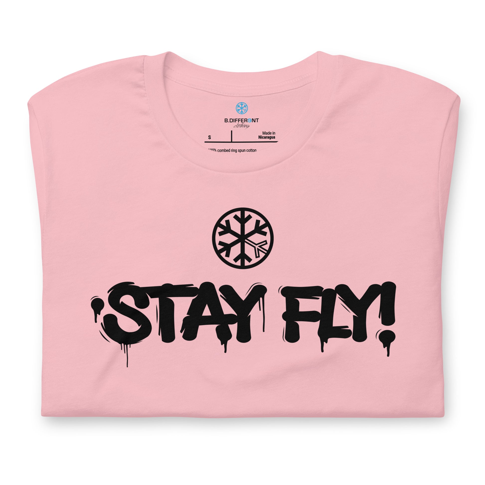 Pink-Stay Fly Graffiti Tag Tee from B.Different Clothing, folded, graffiti-inspired streetwear t-shirt