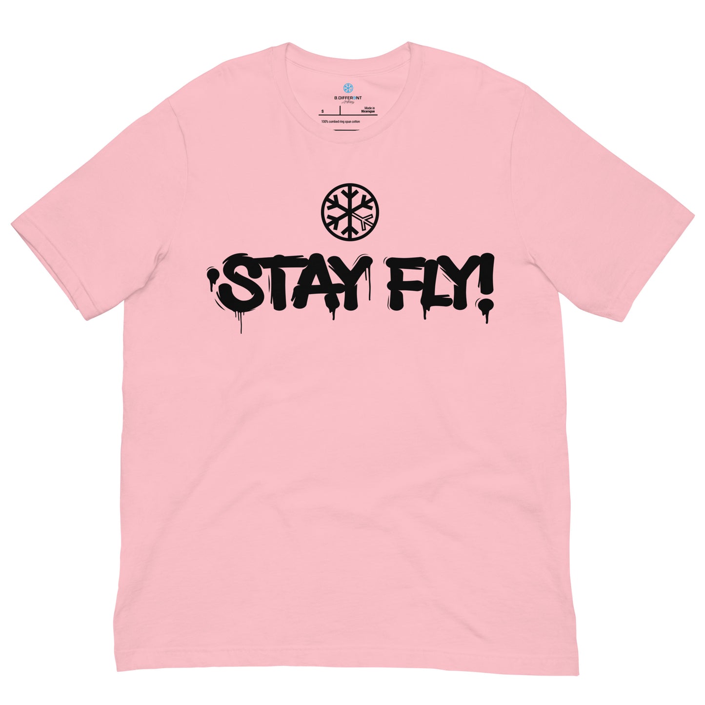 Pink-Stay Fly Graffiti Tag Tee from B.Different Clothing, front view, graffiti-inspired streetwear t-shirt