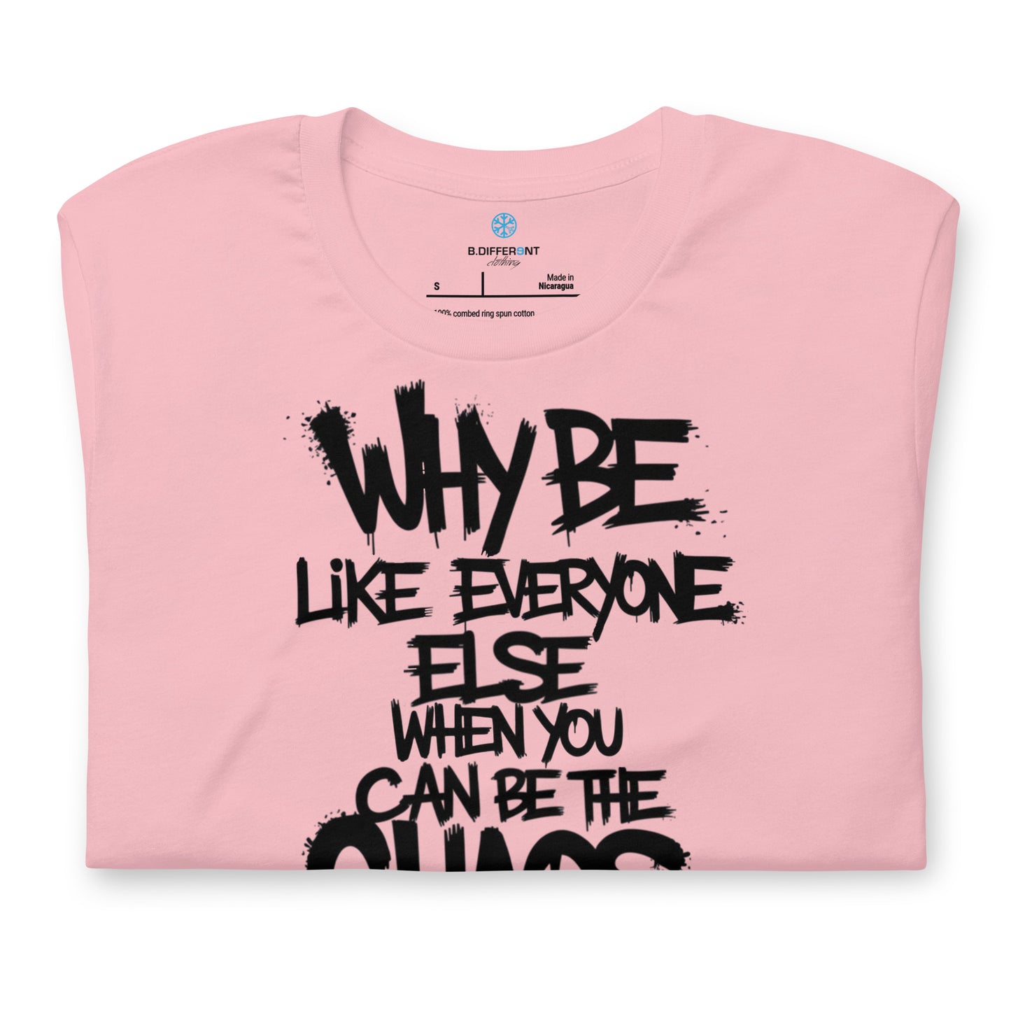Pink-Chaos They Fear Graffiti Tag Tee from B.Different Clothing, folded, graffiti-inspired streetwear t-shirt