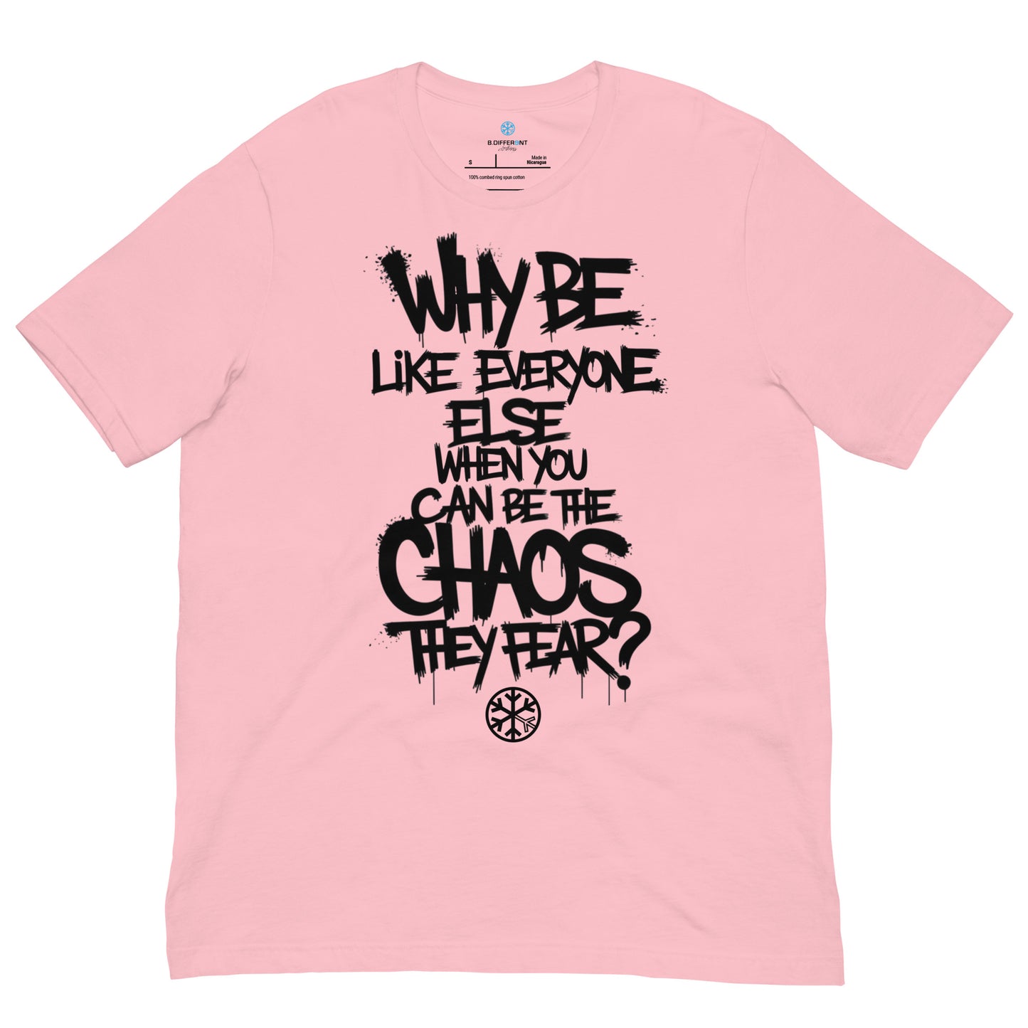 Pink-Chaos They Fear Graffiti Tag Tee from B.Different Clothing, front view, graffiti-inspired streetwear t-shirt