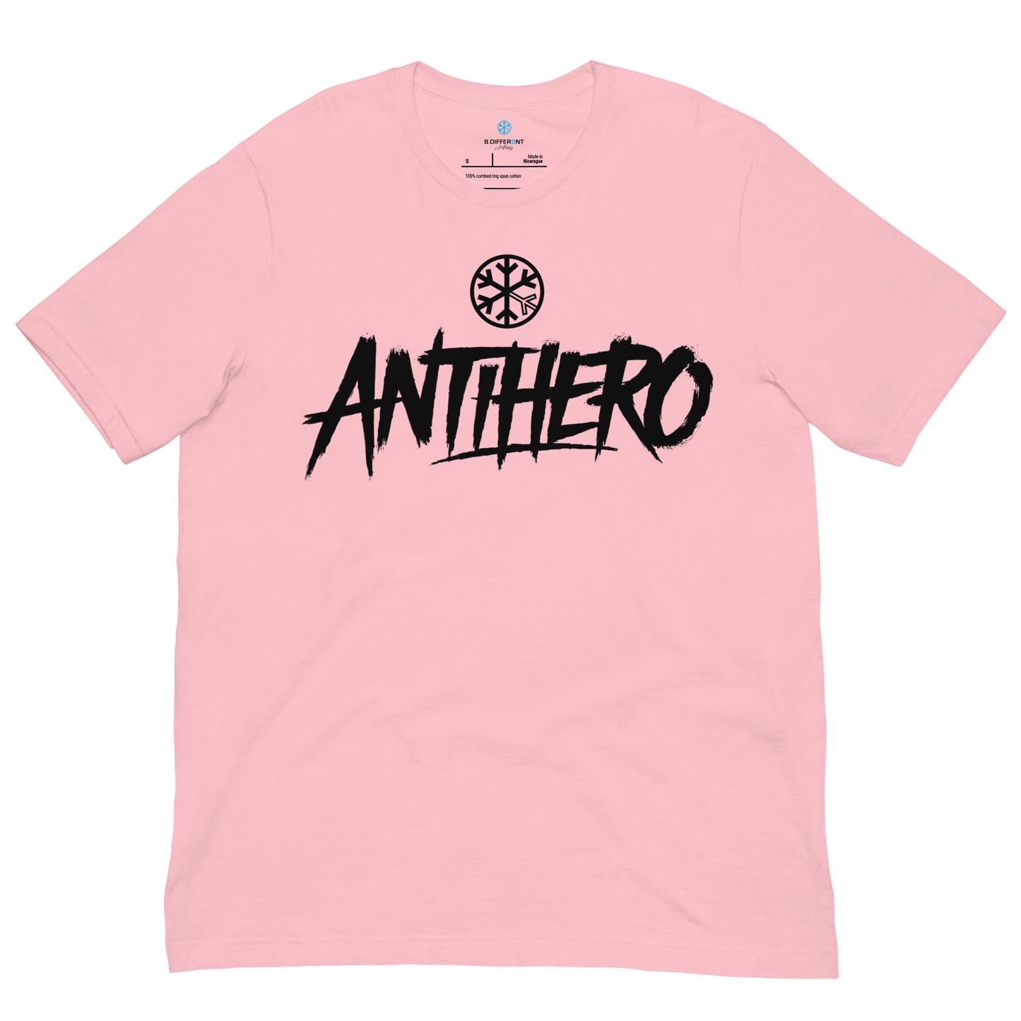 Pink-Antihero Graffiti Tag Tee from B.Different Clothing, front view, graffiti-inspired streetwear t-shirt