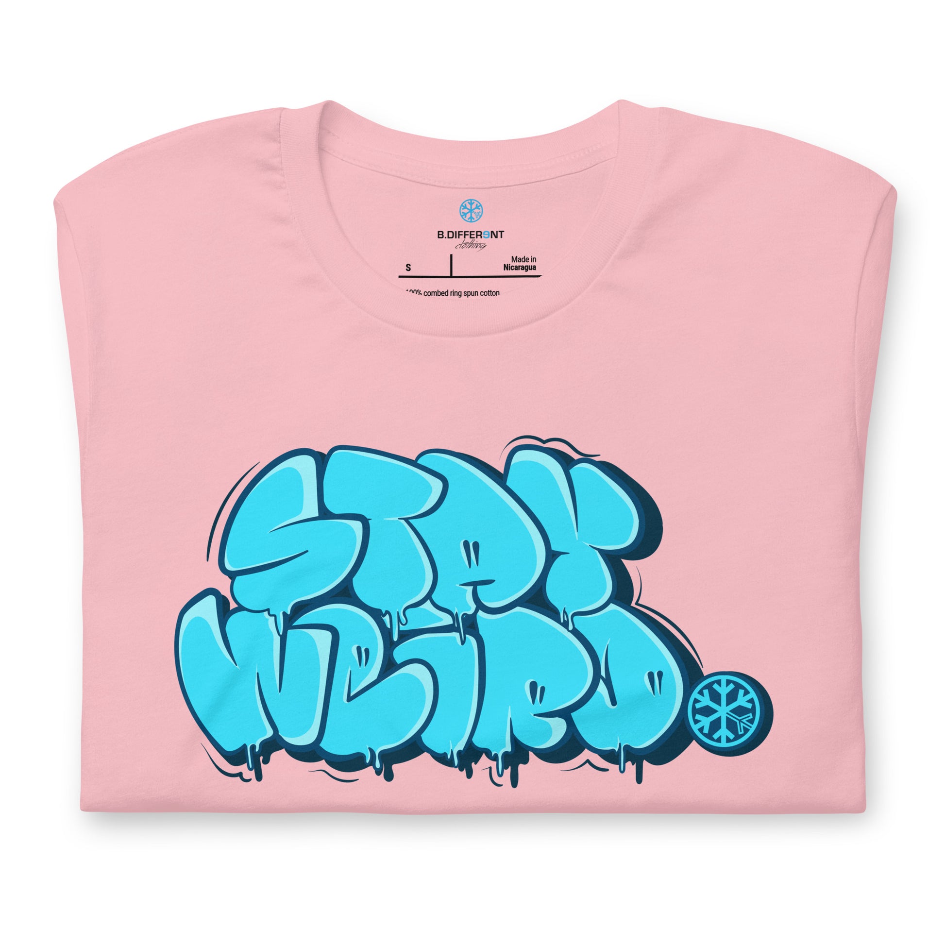 Pink-Stay Weird Graffiti Throw-up Tee from B.Different Clothing, folded, graffiti-inspired streetwear t-shirt