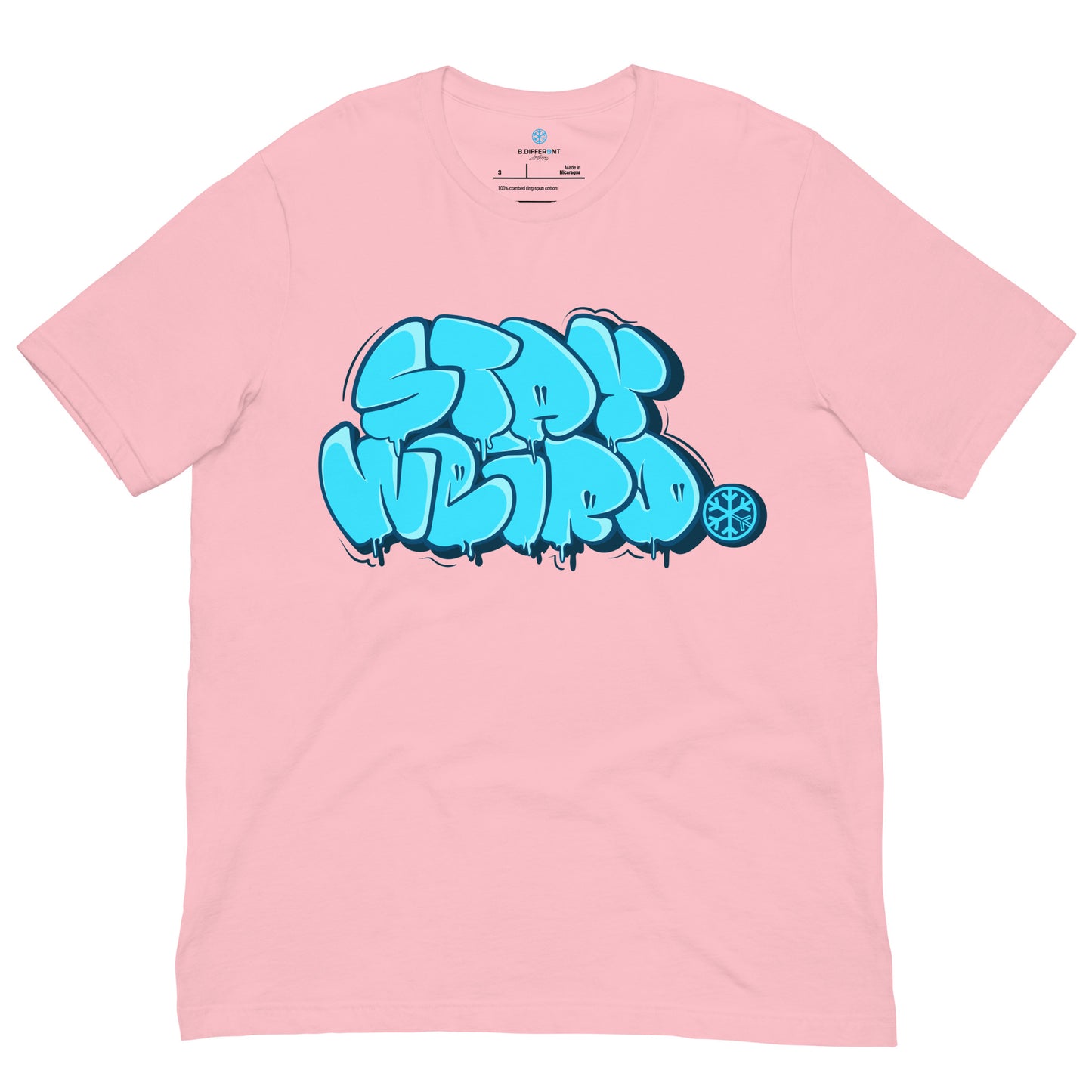 Pink-Stay Weird Graffiti Throw-up Tee from B.Different Clothing, front view, graffiti-inspired streetwear t-shirt