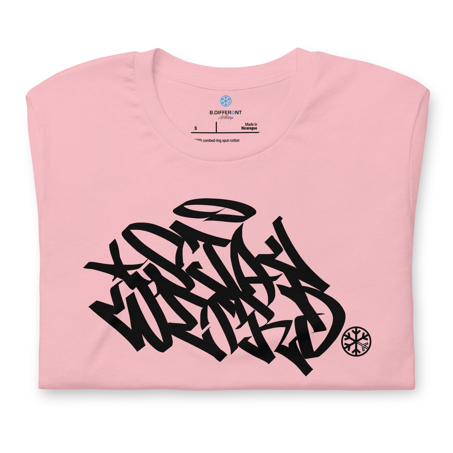 Pink-Stay Weird Graffiti Tag Tee from B.Different Clothing, folded, graffiti-inspired streetwear t-shirt