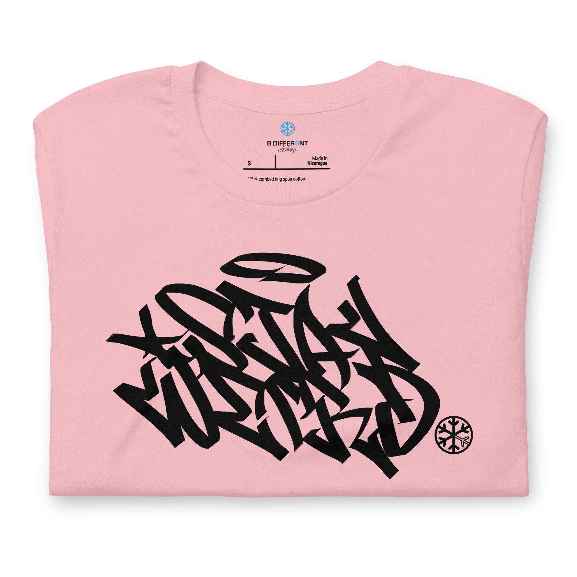 Pink-Stay Weird Graffiti Tag Tee from B.Different Clothing, folded, graffiti-inspired streetwear t-shirt