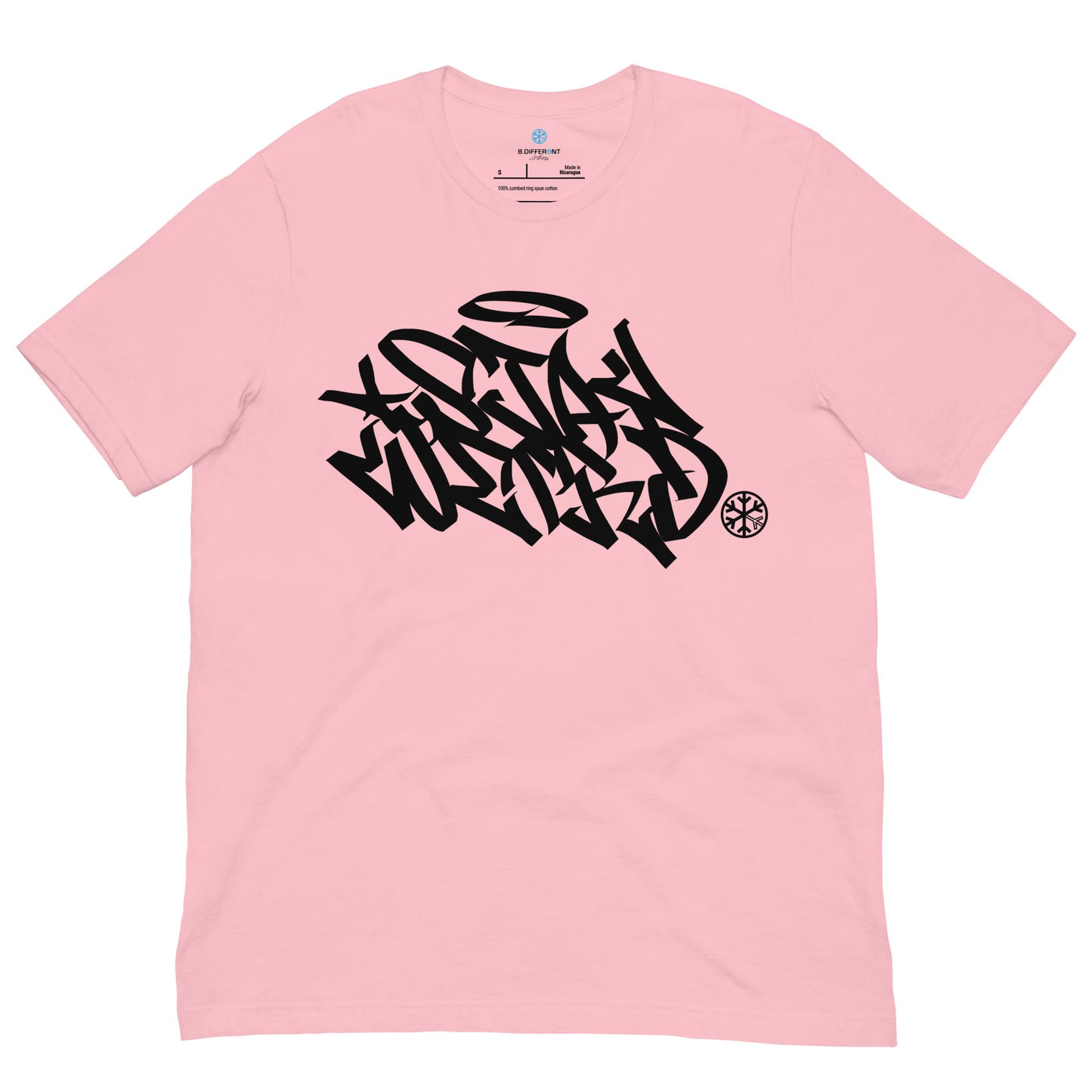 Pink-Stay Weird Graffiti Tag Tee from B.Different Clothing, front view, graffiti-inspired streetwear t-shirt