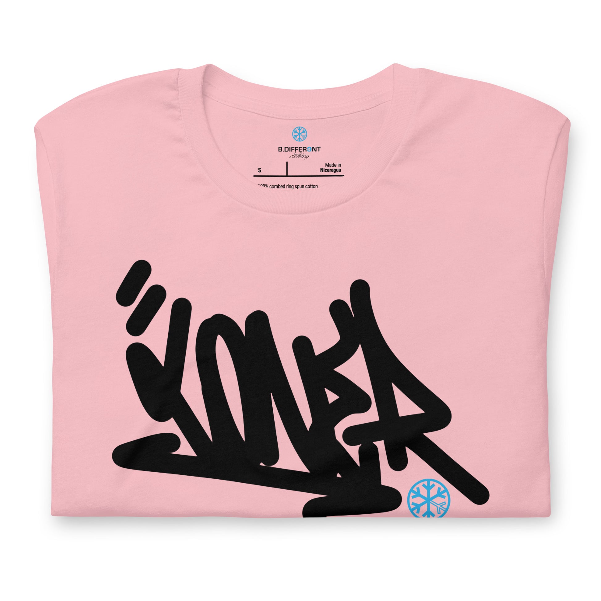 Pink-Loner Graffiti Tag Tee from B.Different Clothing, folded, graffiti-inspired streetwear t-shirt