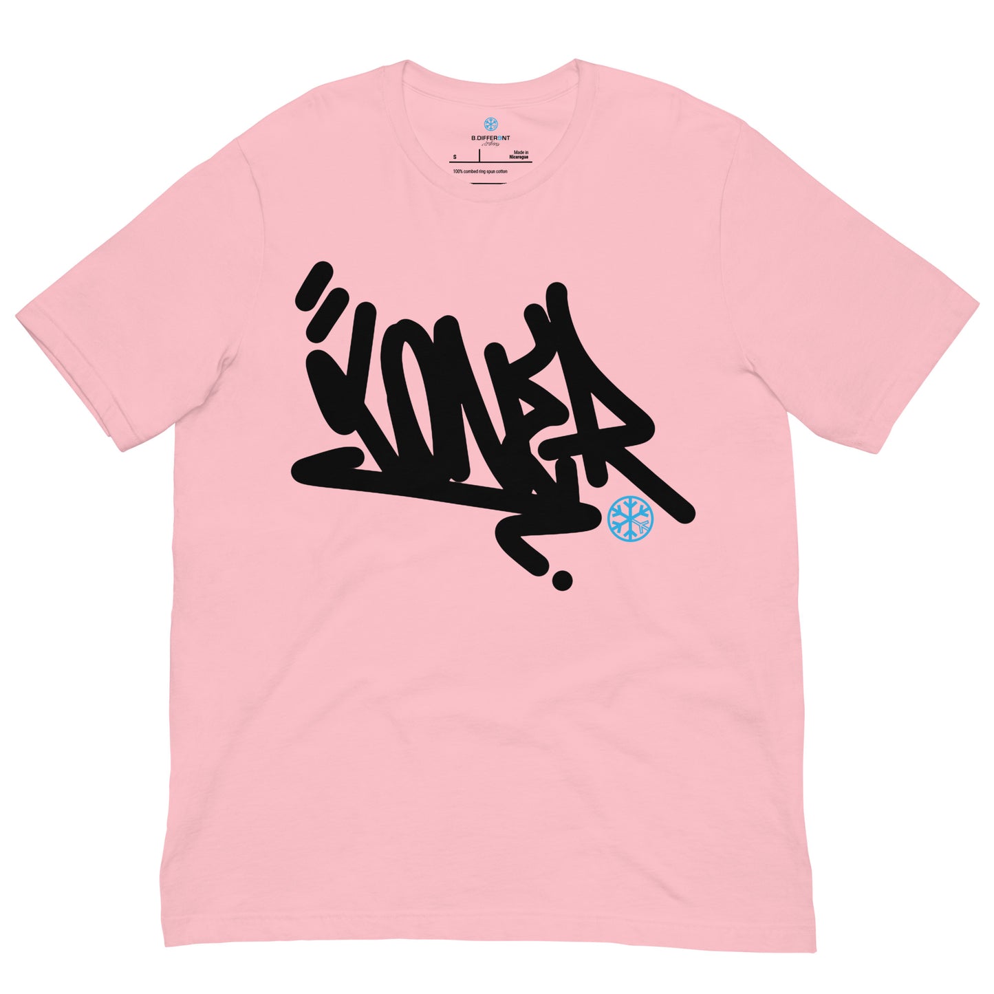 Pink-Loner Graffiti Tag Tee from B.Different Clothing, front view, graffiti-inspired streetwear t-shirt