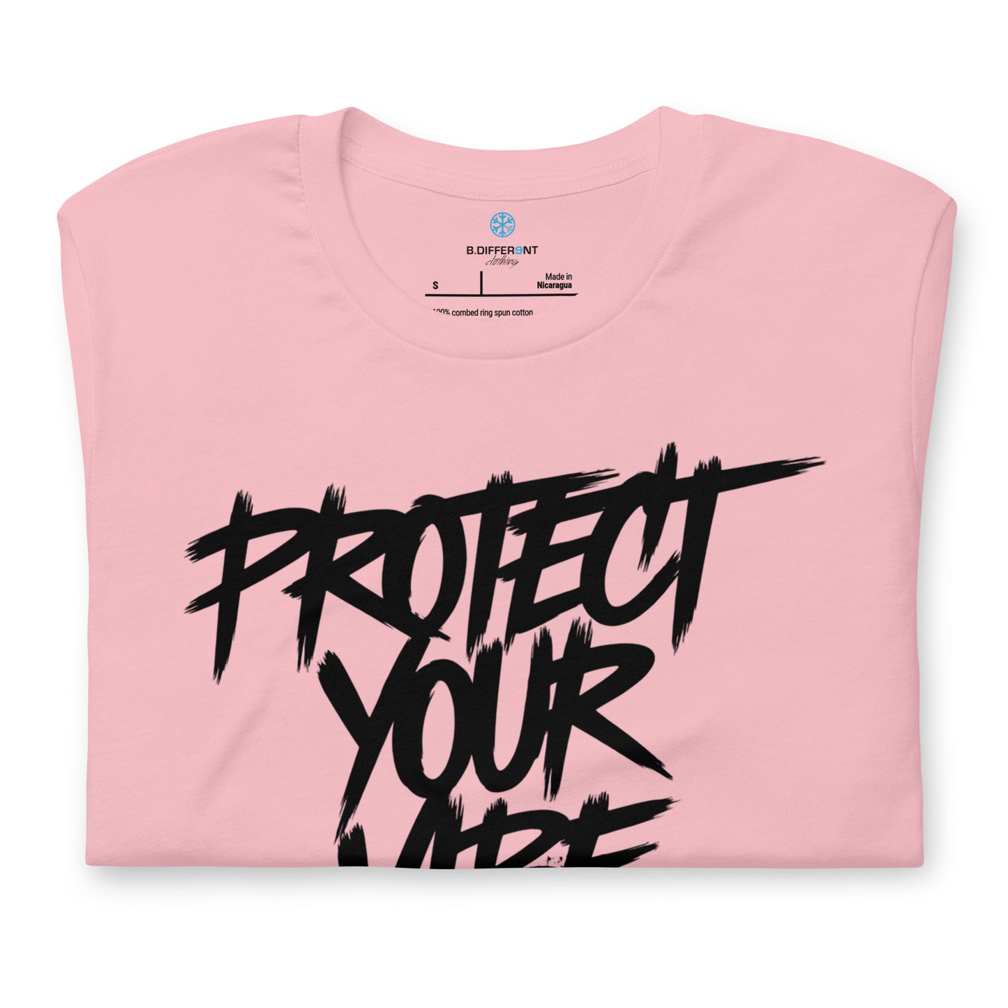 Pink-Protect Your Vibe Graffiti Tag Tee from B.Different Clothing, folded, graffiti-inspired streetwear t-shirt