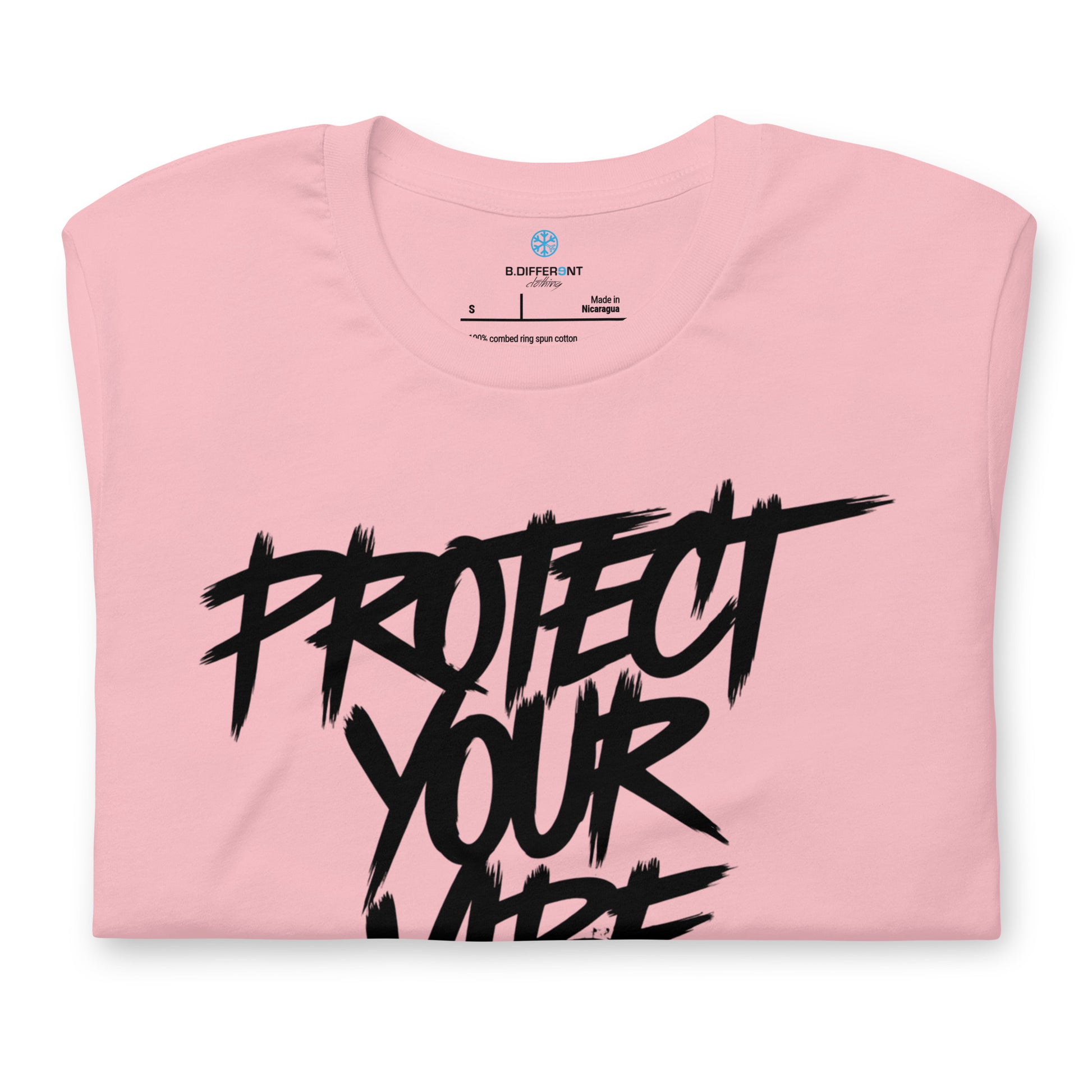 Pink-Protect Your Vibe Graffiti Tag Tee from B.Different Clothing, folded, graffiti-inspired streetwear t-shirt