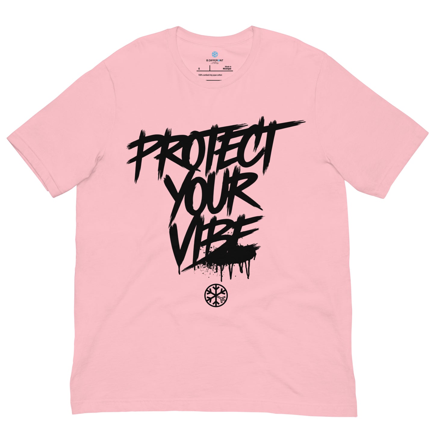 Pink-Protect Your Vibe Graffiti Tag Tee from B.Different Clothing, front view, graffiti-inspired streetwear t-shirt