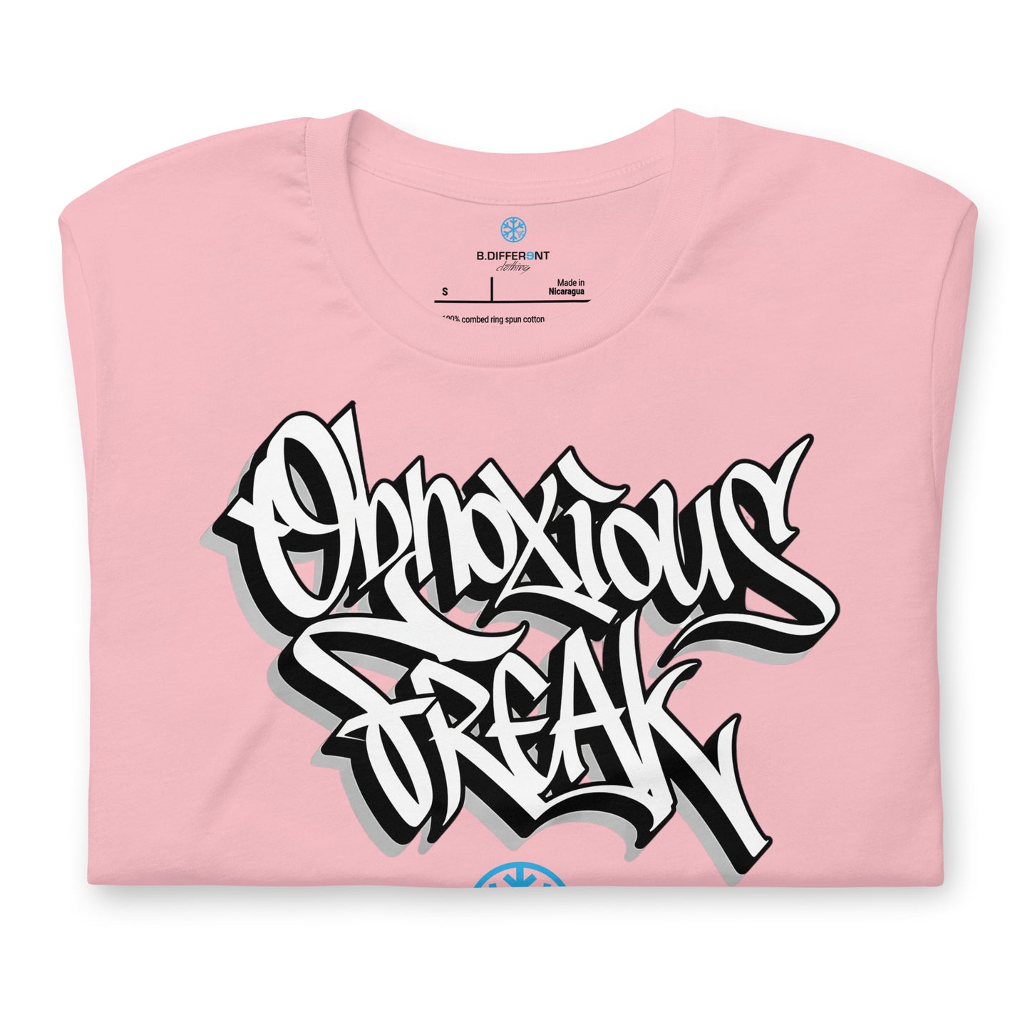 Pink-Obnoxious Freak Graffiti Tee from B.Different Clothing, folded, graffiti-inspired streetwear t-shirt
