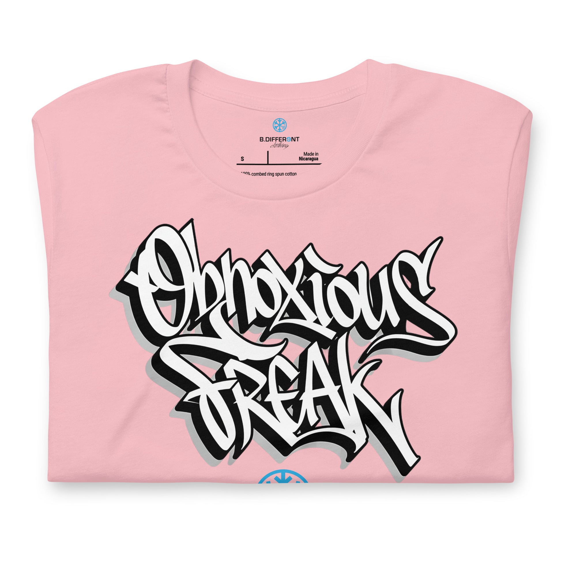 Pink-Obnoxious Freak Graffiti Tee from B.Different Clothing, folded, graffiti-inspired streetwear t-shirt
