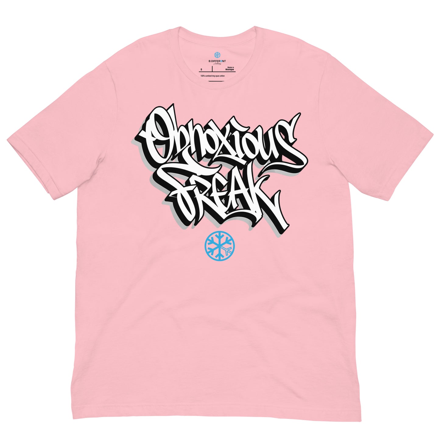 Pink-Obnoxious Freak Graffiti Tee from B.Different Clothing, front view, graffiti-inspired streetwear t-shirt