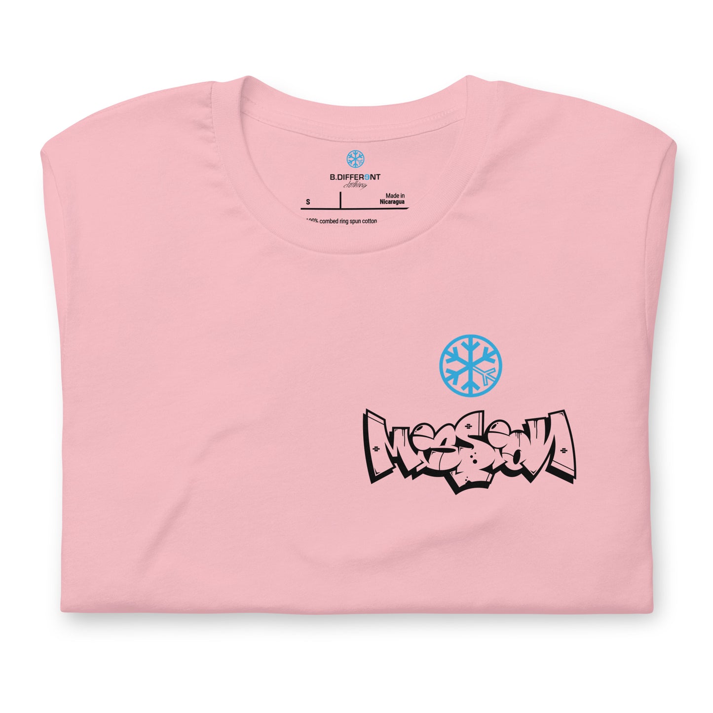 Pink-Mission Graffiti Character Tee from B.Different Clothing, folded, graffiti-inspired streetwear t-shirt