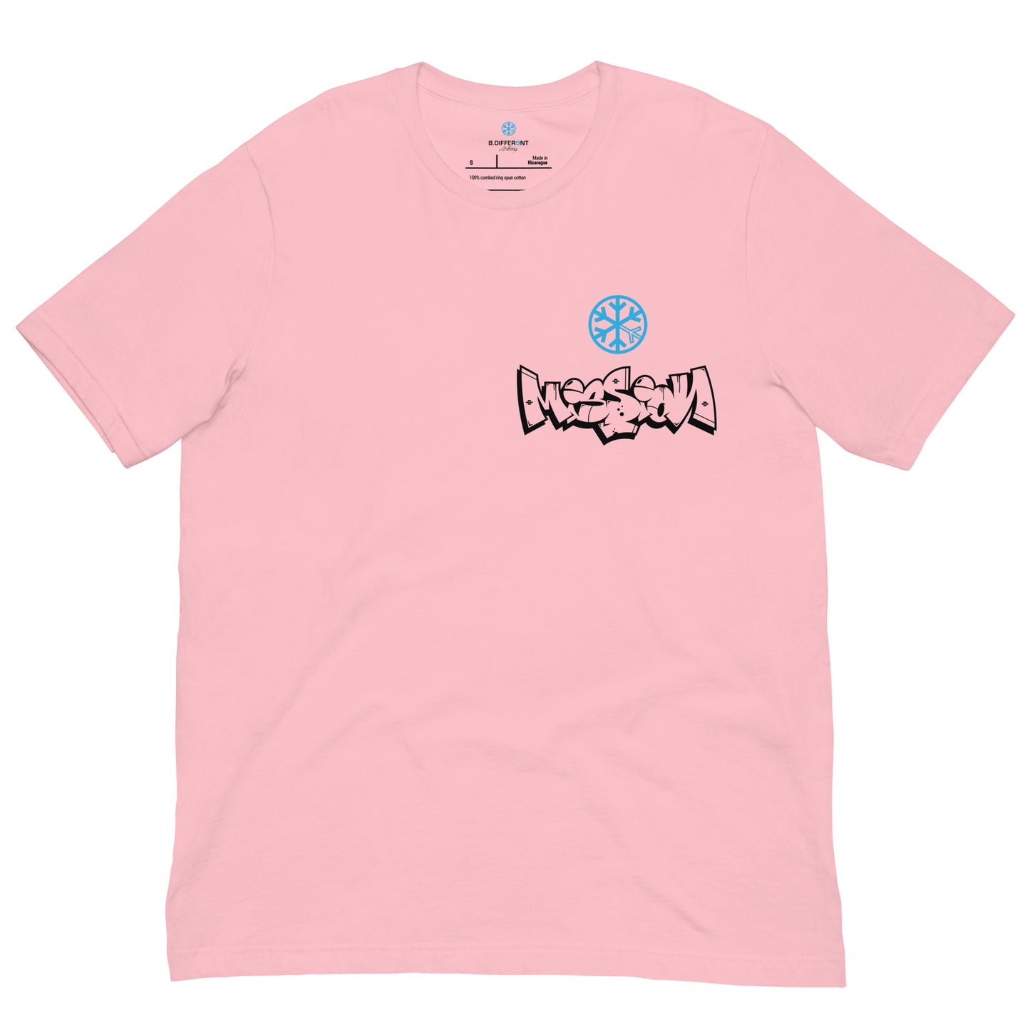 Pink-Mission Graffiti Character Tee from B.Different Clothing, front view, graffiti-inspired streetwear t-shirt