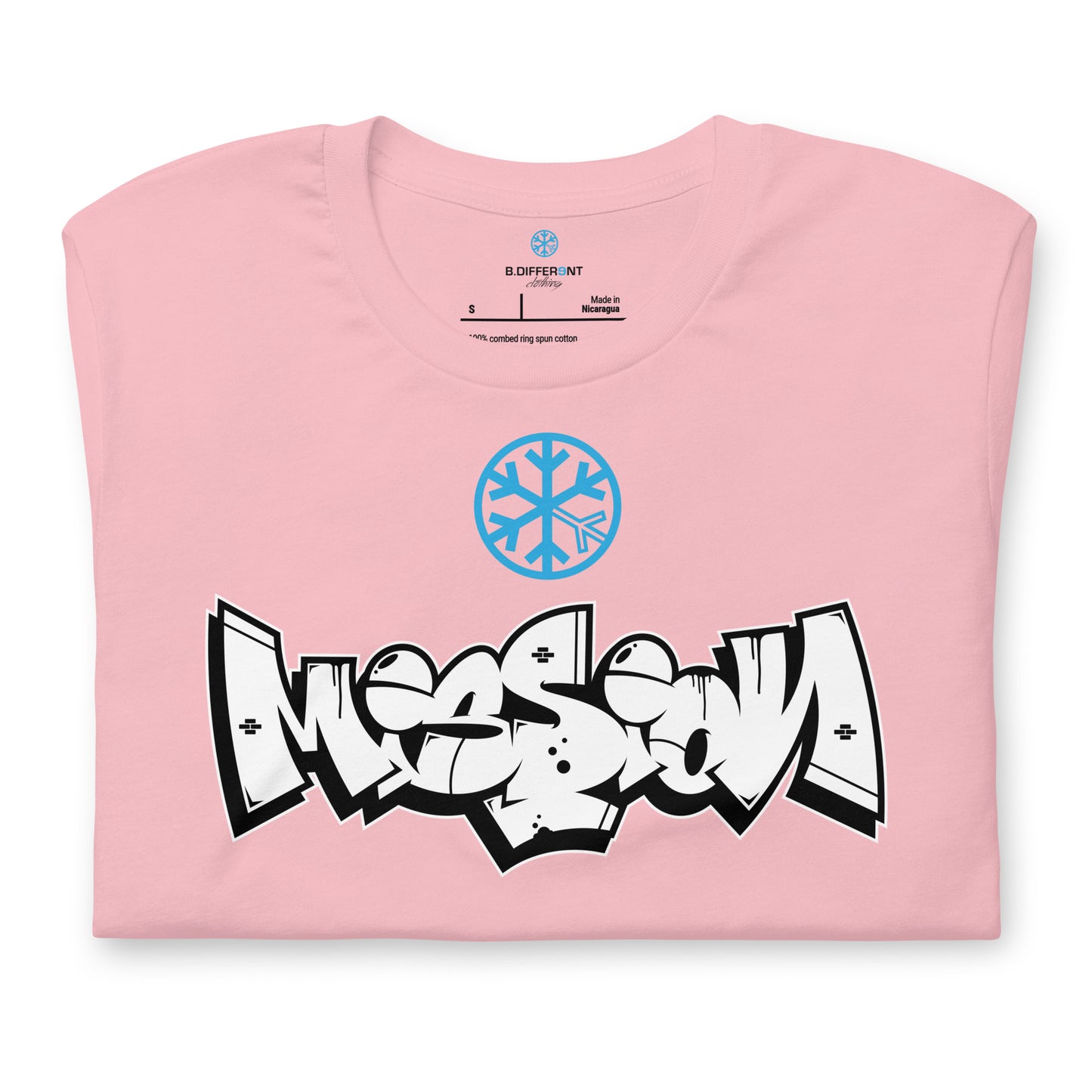 Pink-Mission Graffiti Piece Tee from B.Different Clothing, folded, graffiti-inspired streetwear t-shirt