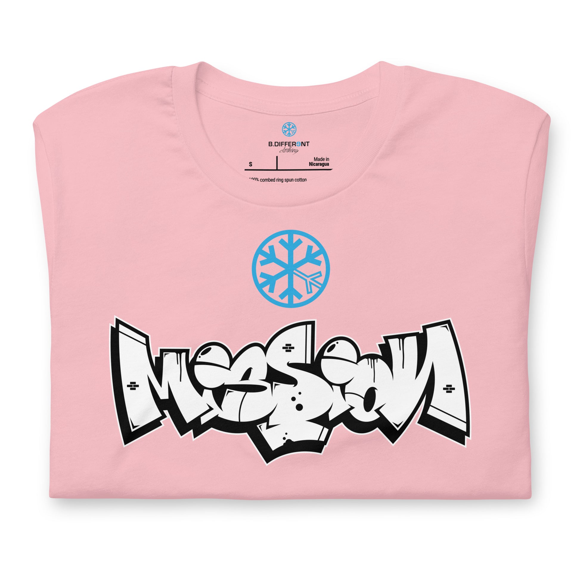 Pink-Mission Graffiti Piece Tee from B.Different Clothing, folded, graffiti-inspired streetwear t-shirt
