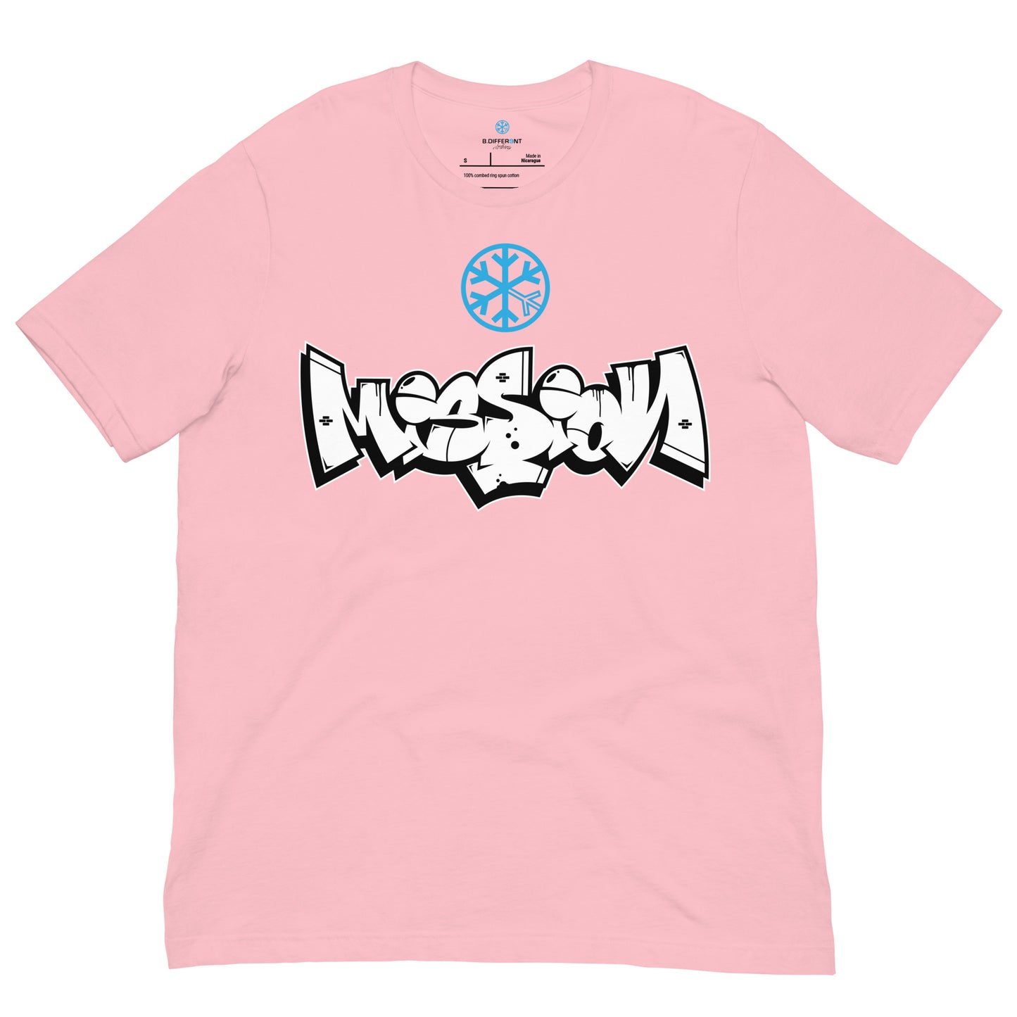 Pink-Mission Graffiti Piece Tee from B.Different Clothing, front view, graffiti-inspired streetwear t-shirt