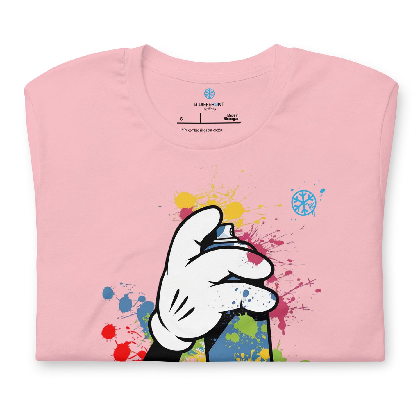 Pink-Hand Spray Can Graffiti Tee from B.Different Clothing, folded, graffiti-inspired streetwear t-shirt