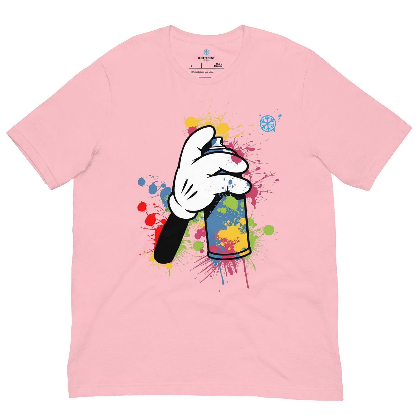 Pink-Hand Spray Can Graffiti Tee from B.Different Clothing, front view, graffiti-inspired streetwear t-shirt