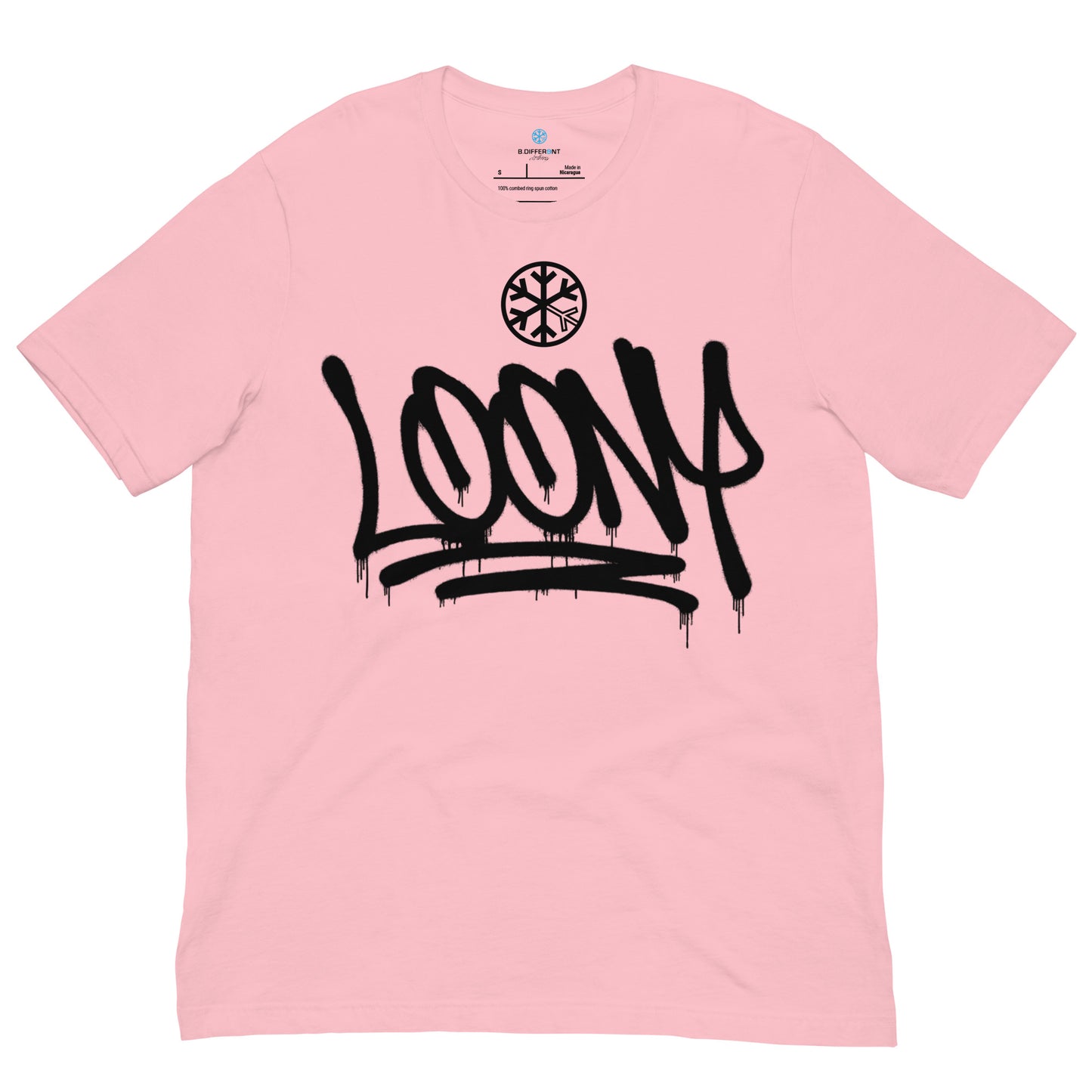Pink-Loony Graffiti Tag Tee from B.Different Clothing, front view, graffiti-inspired streetwear t-shirt