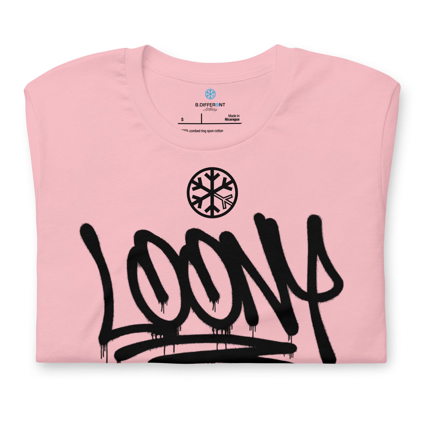 Pink-Loony Graffiti Tag Tee from B.Different Clothing, folded, graffiti-inspired streetwear t-shirt
