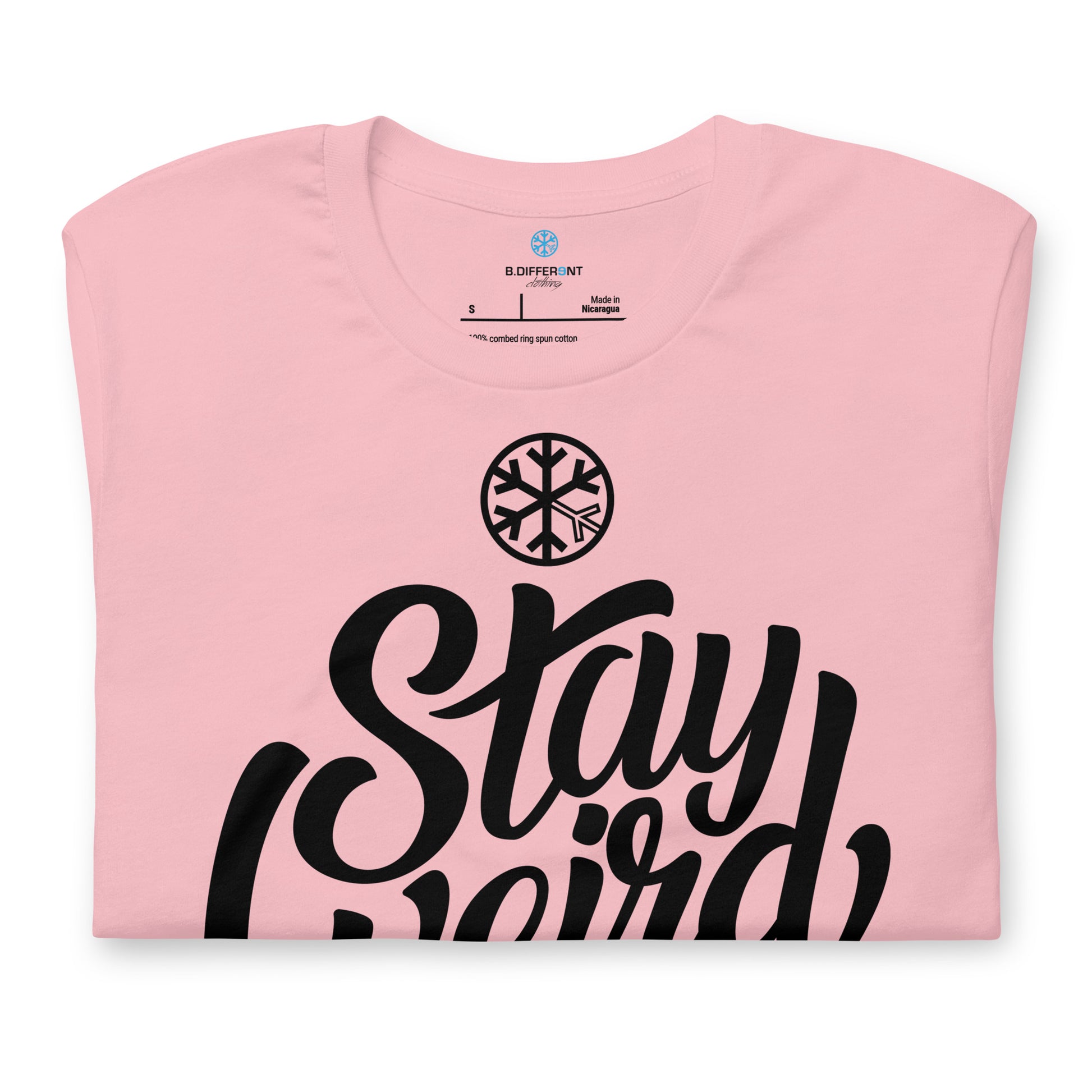Pink-Stay Weird Tee from B.Different Clothing, folded, graffiti-inspired streetwear t-shirt