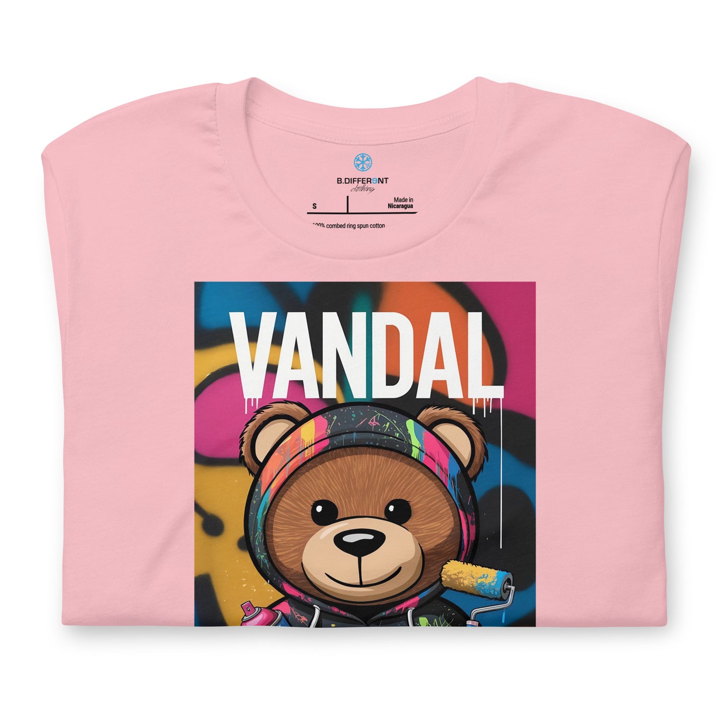 Pink-Vandal Teddy Bear Graffiti Tee from B.Different Clothing, folded, graffiti-inspired streetwear