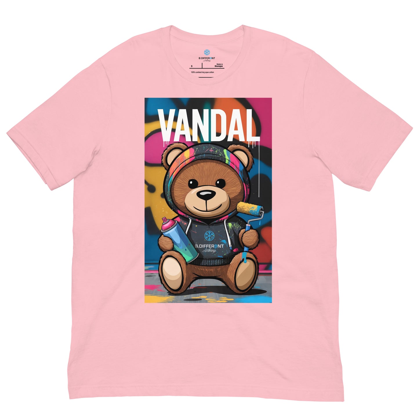 Pink-Vandal Teddy Bear Graffiti Tee from B.Different Clothing, front view, graffiti-inspired streetwear