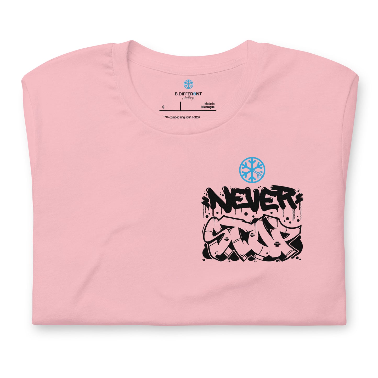 Pink-Never Stop Graffiti Character Tee from B.Different Clothing, folded, graffiti-inspired streetwear t-shirt