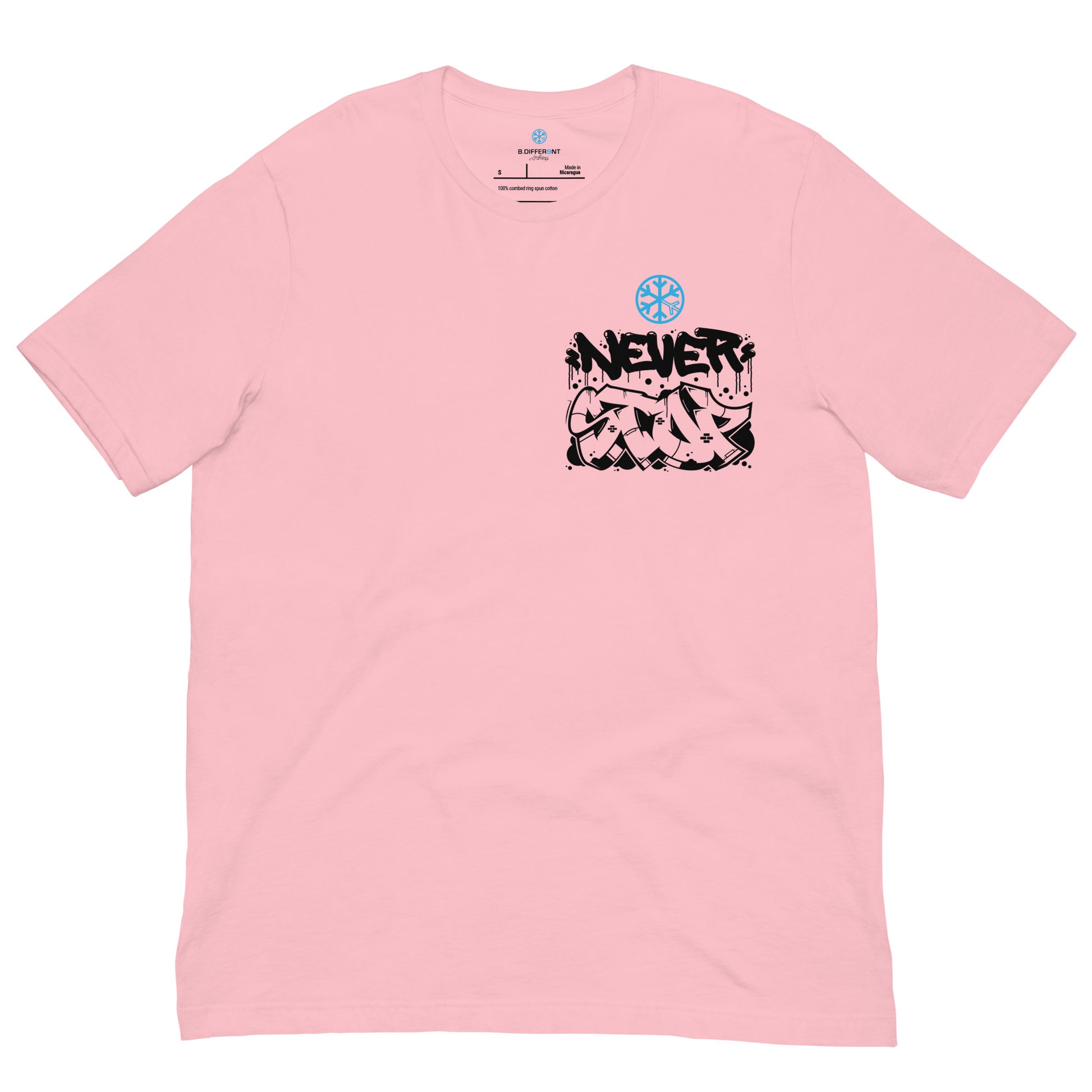Pink-Never Stop Graffiti Character Tee from B.Different Clothing, front view, graffiti-inspired streetwear t-shirt